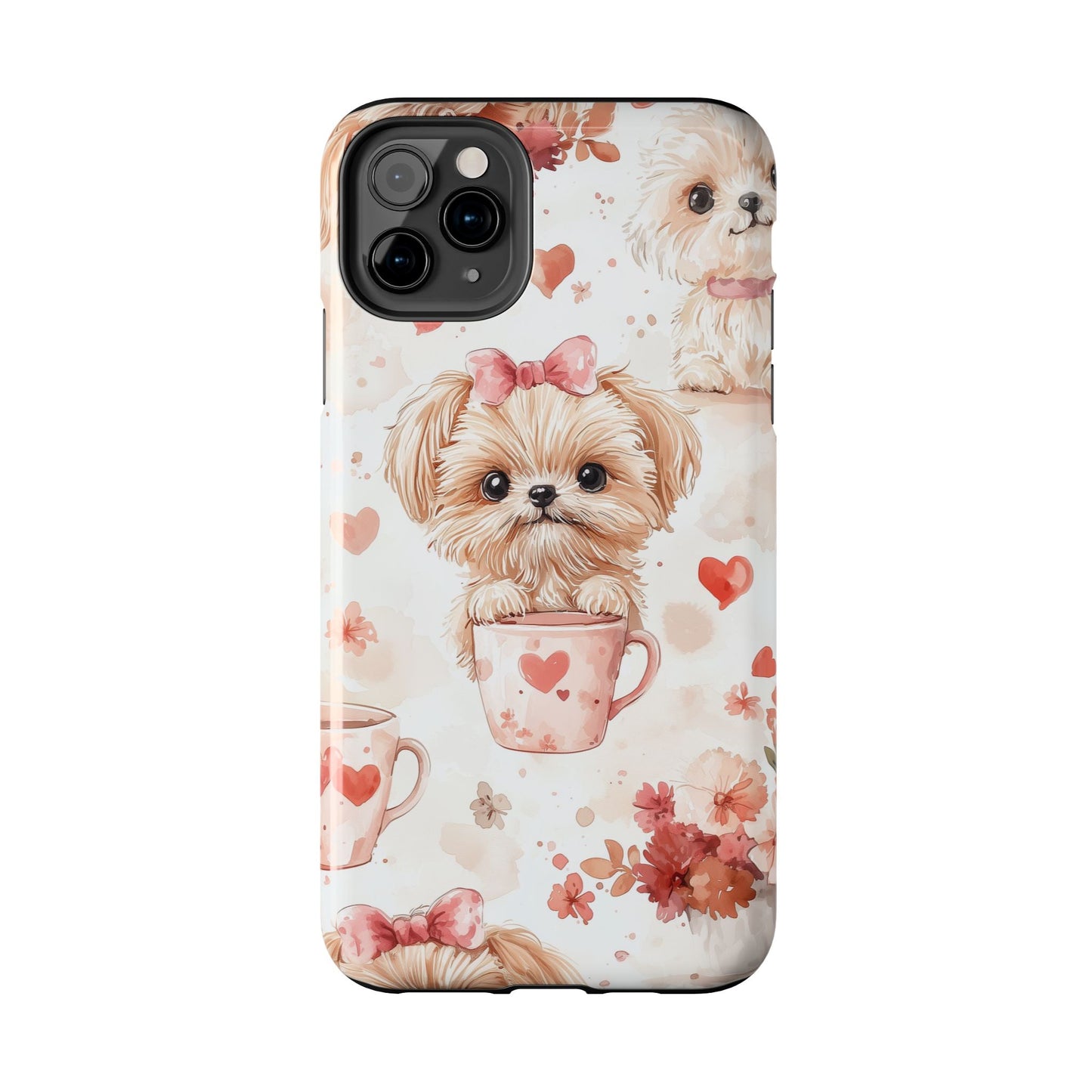 Puppies & Heart Mugs iPhone Case – Sweet Dog & Floral Design, Shockproof & Slim - BOGO Cases