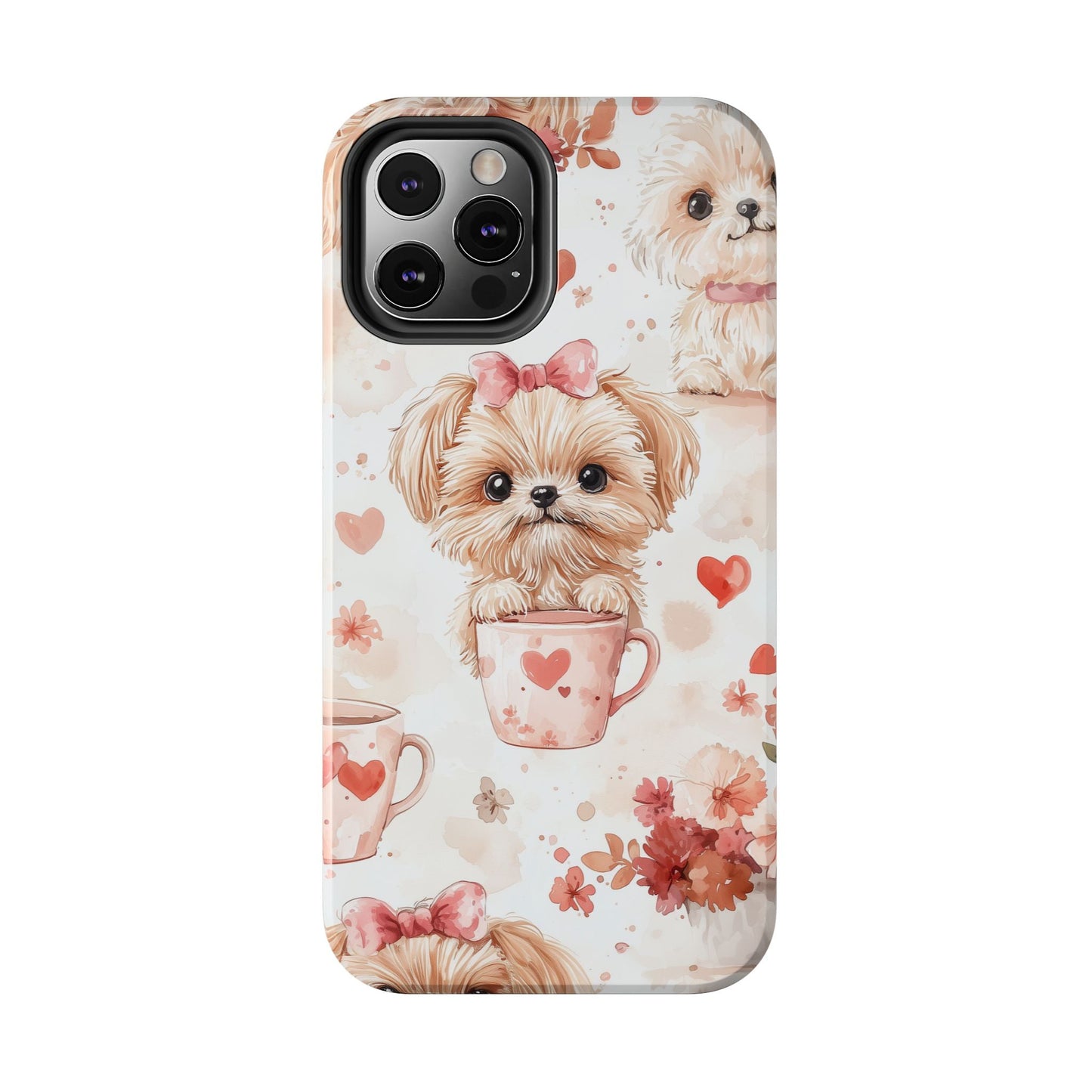 Puppies & Heart Mugs iPhone Case – Sweet Dog & Floral Design, Shockproof & Slim - BOGO Cases