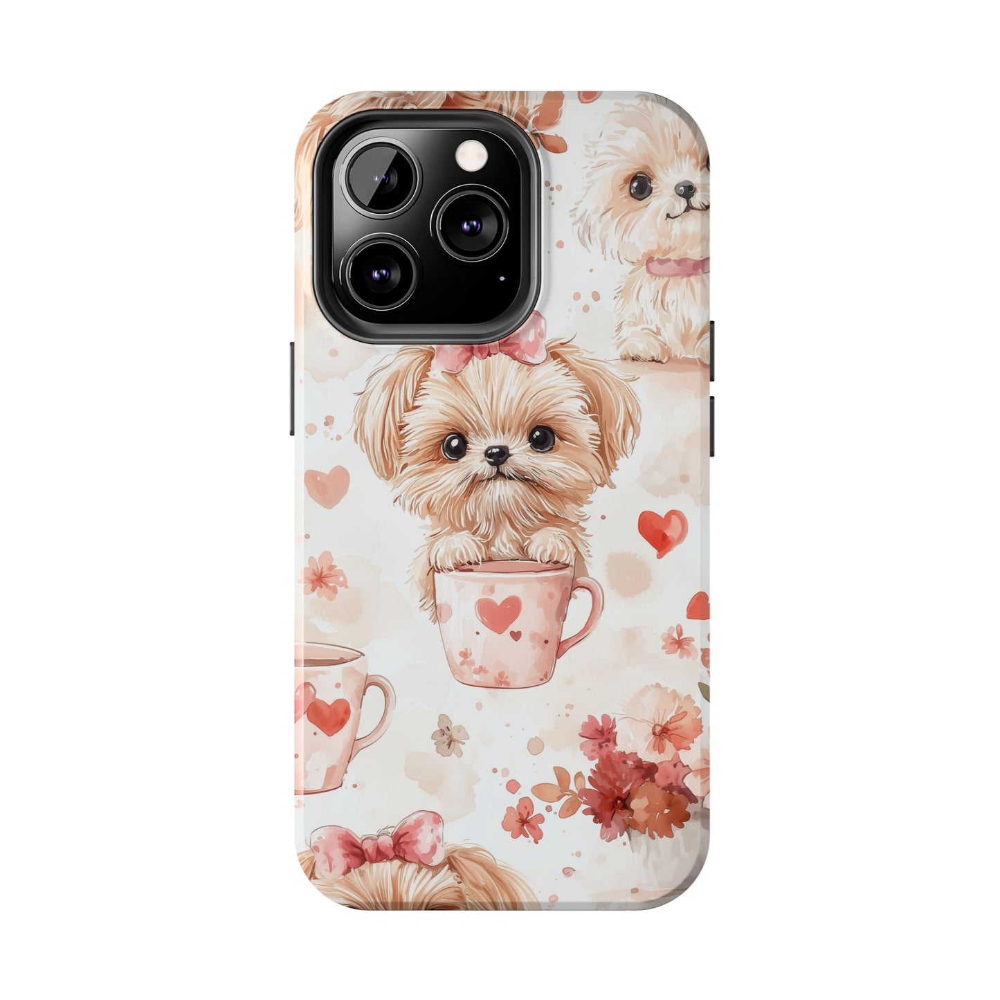 Puppies & Heart Mugs iPhone Case – Sweet Dog & Floral Design, Shockproof & Slim - BOGO Cases