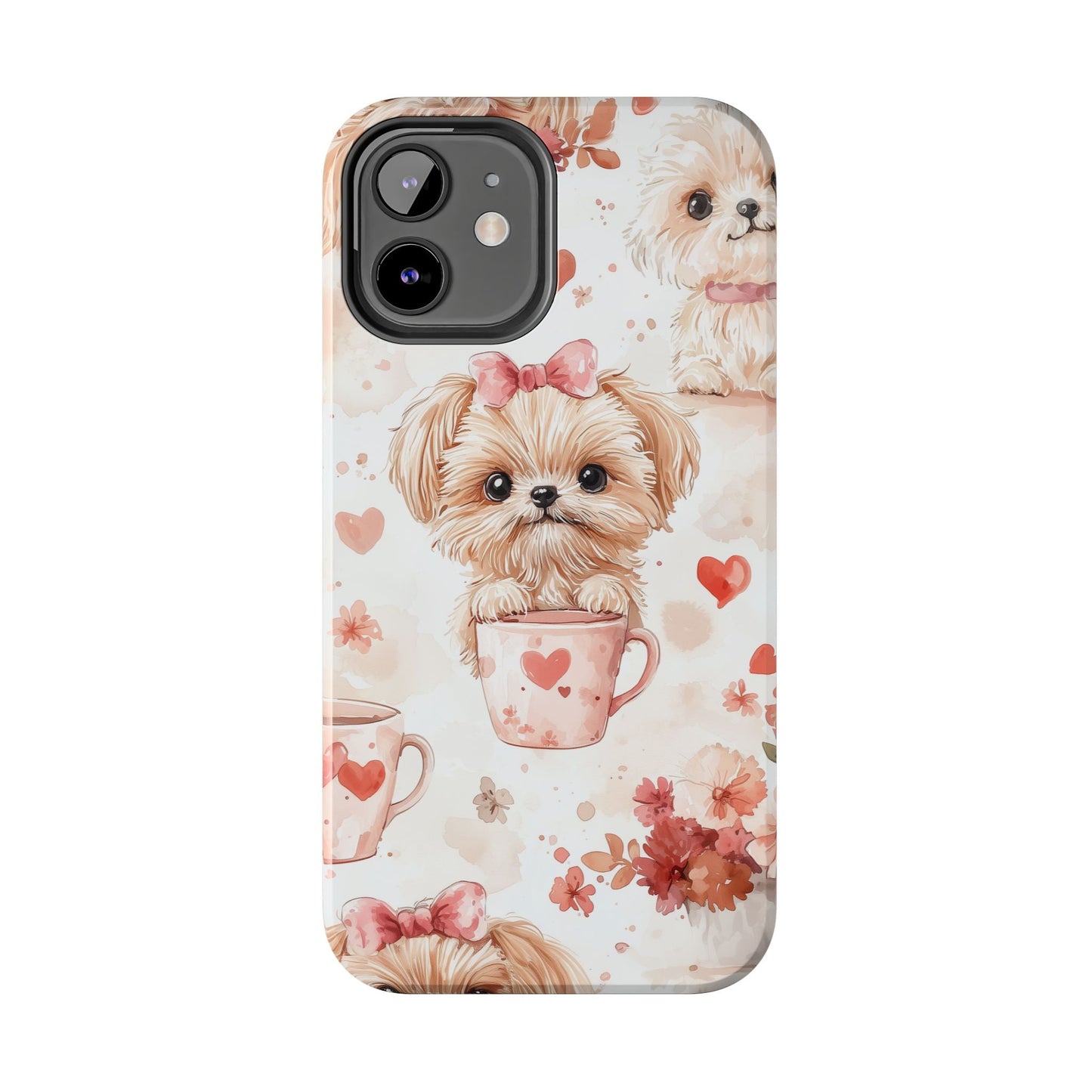 Puppies & Heart Mugs iPhone Case – Sweet Dog & Floral Design, Shockproof & Slim - BOGO Cases
