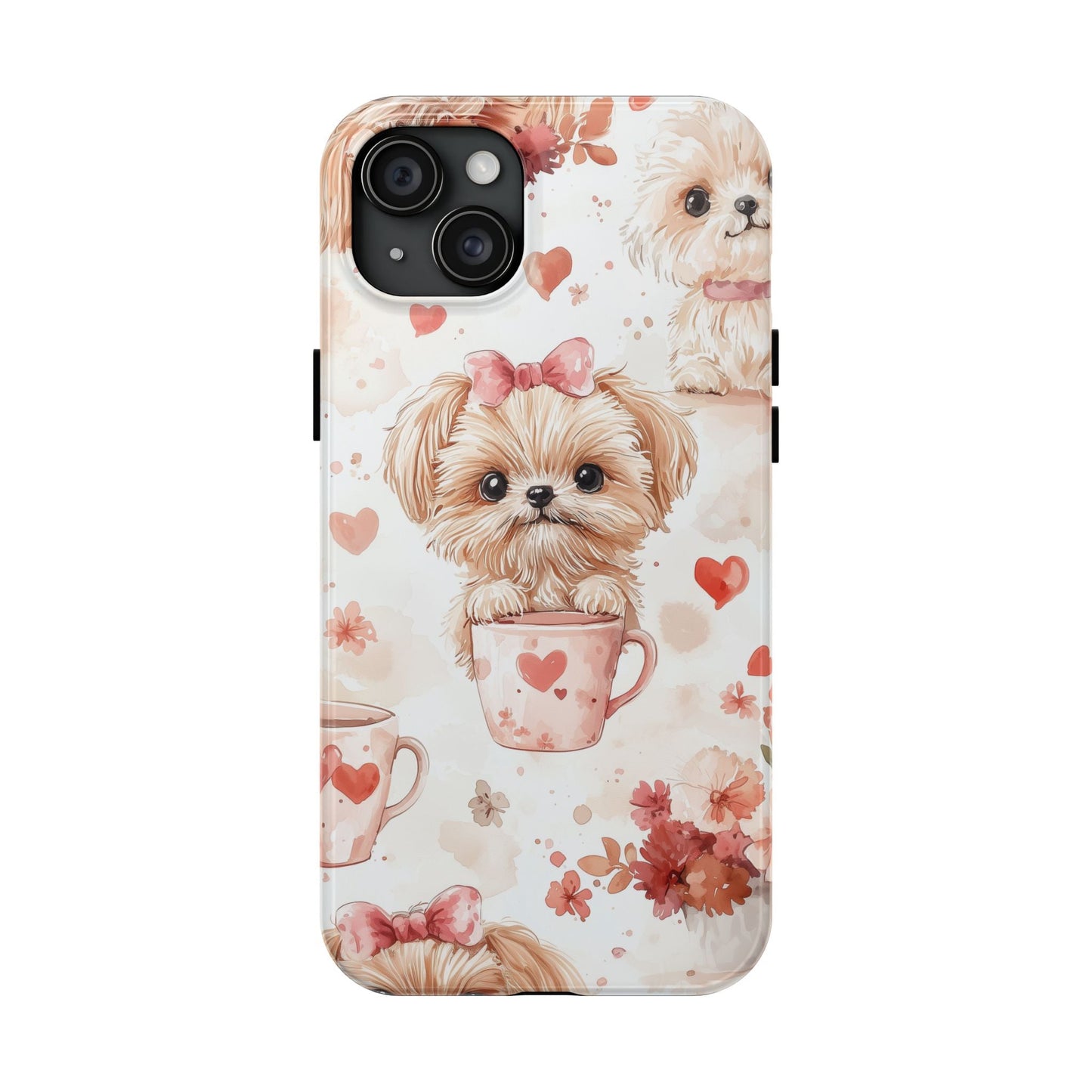 Puppies & Heart Mugs iPhone Case – Sweet Dog & Floral Design, Shockproof & Slim - BOGO Cases