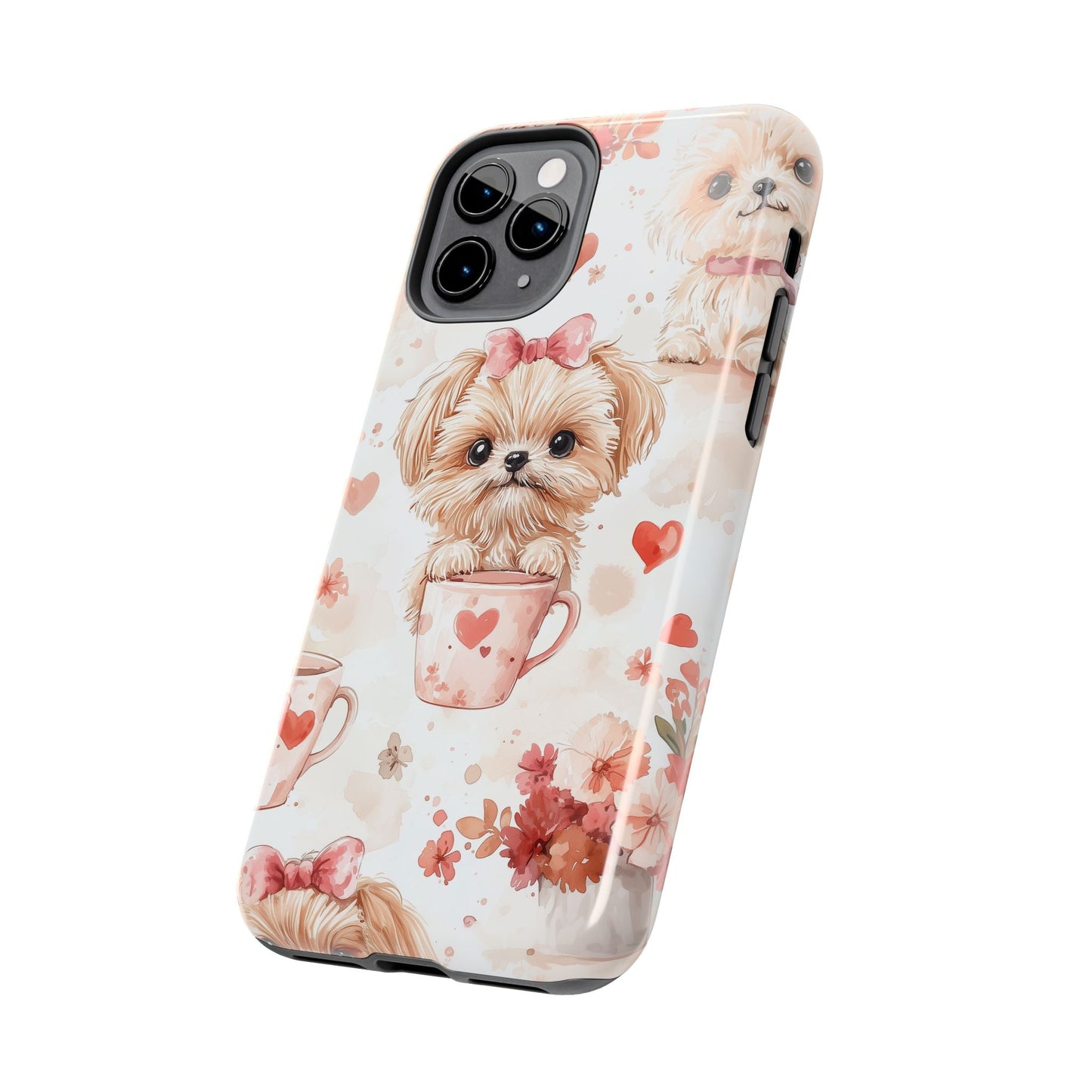 Puppies & Heart Mugs iPhone Case – Sweet Dog & Floral Design, Shockproof & Slim - BOGO Cases