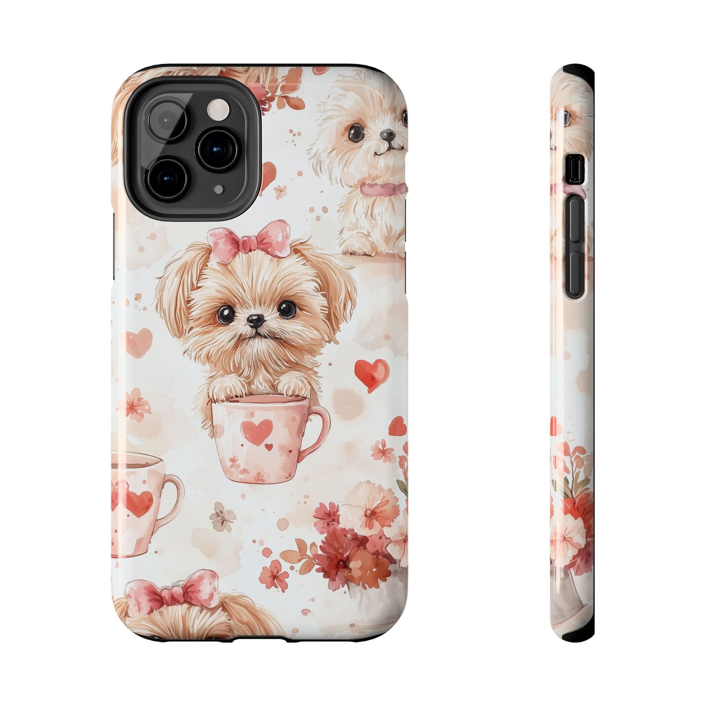 Puppies & Heart Mugs iPhone Case – Sweet Dog & Floral Design, Shockproof & Slim - BOGO Cases