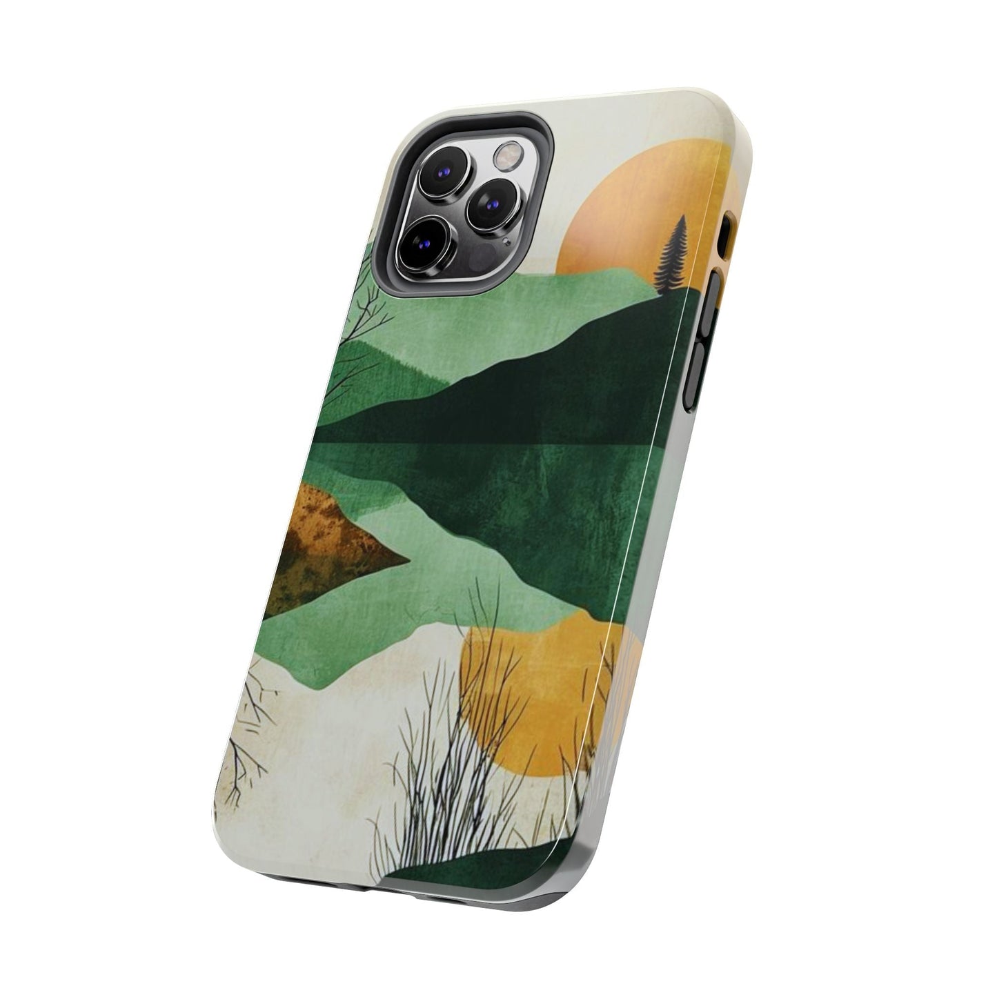 Retro Mountain Sunrise iPhone Case – Minimalist Landscape Design, Dual - Layer Protection - BOGO Cases