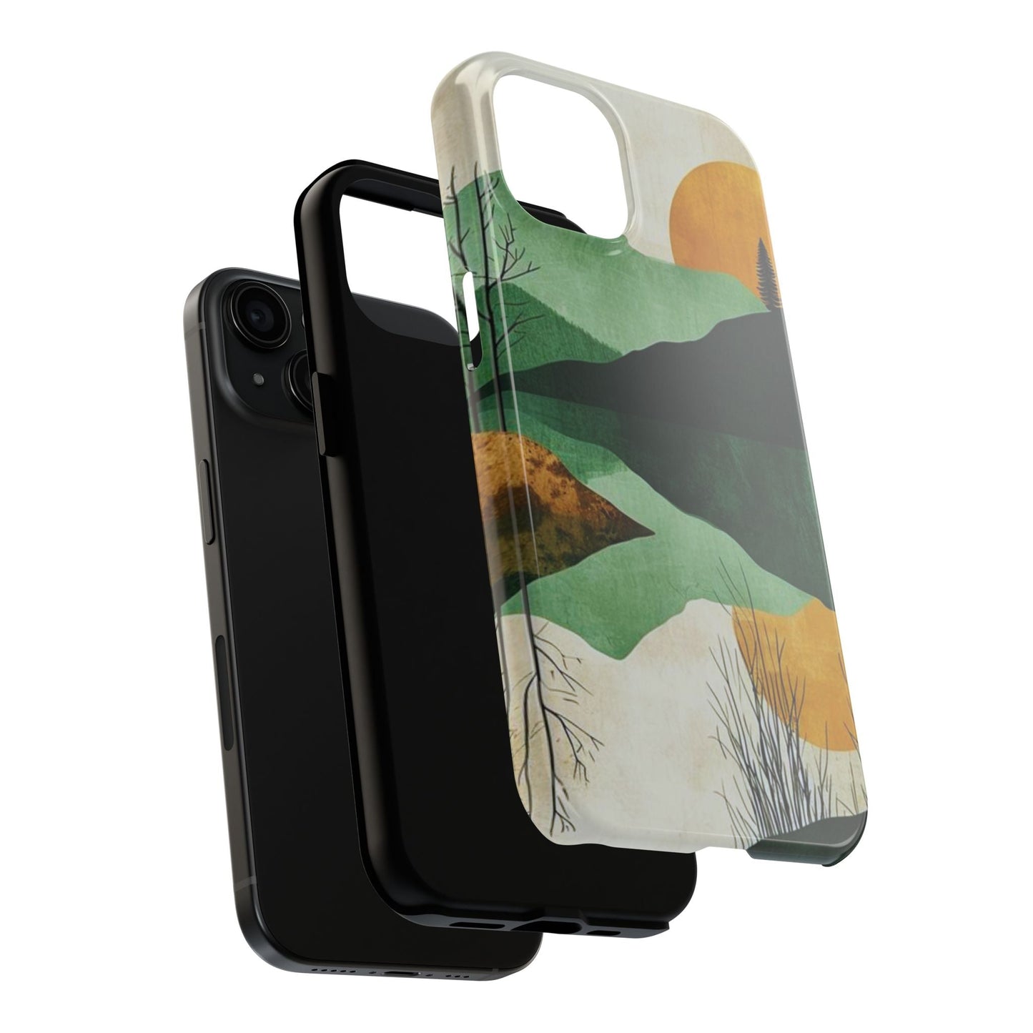 Retro Mountain Sunrise iPhone Case – Minimalist Landscape Design, Dual - Layer Protection - BOGO Cases