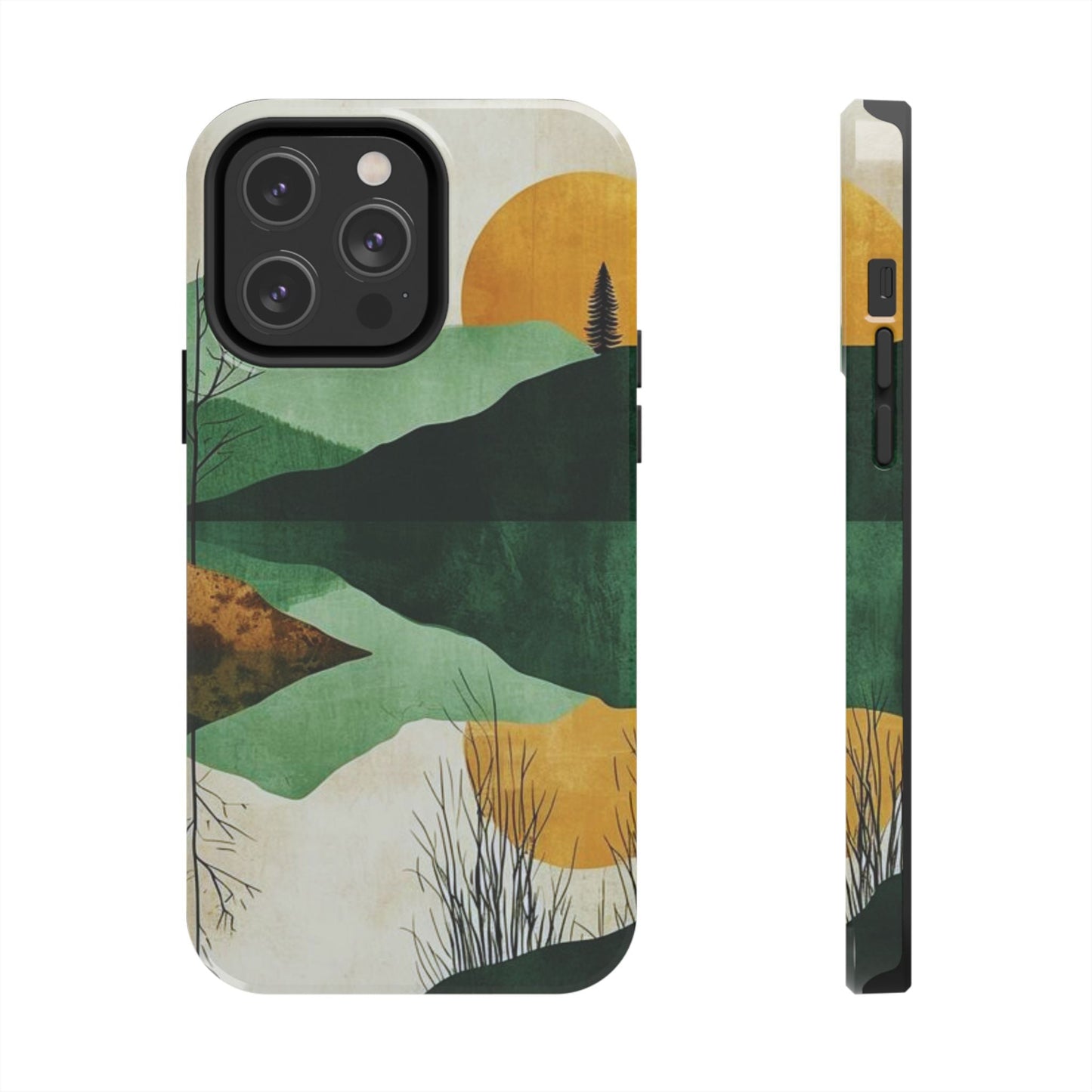 Retro Mountain Sunrise iPhone Case – Minimalist Landscape Design, Dual - Layer Protection - BOGO Cases