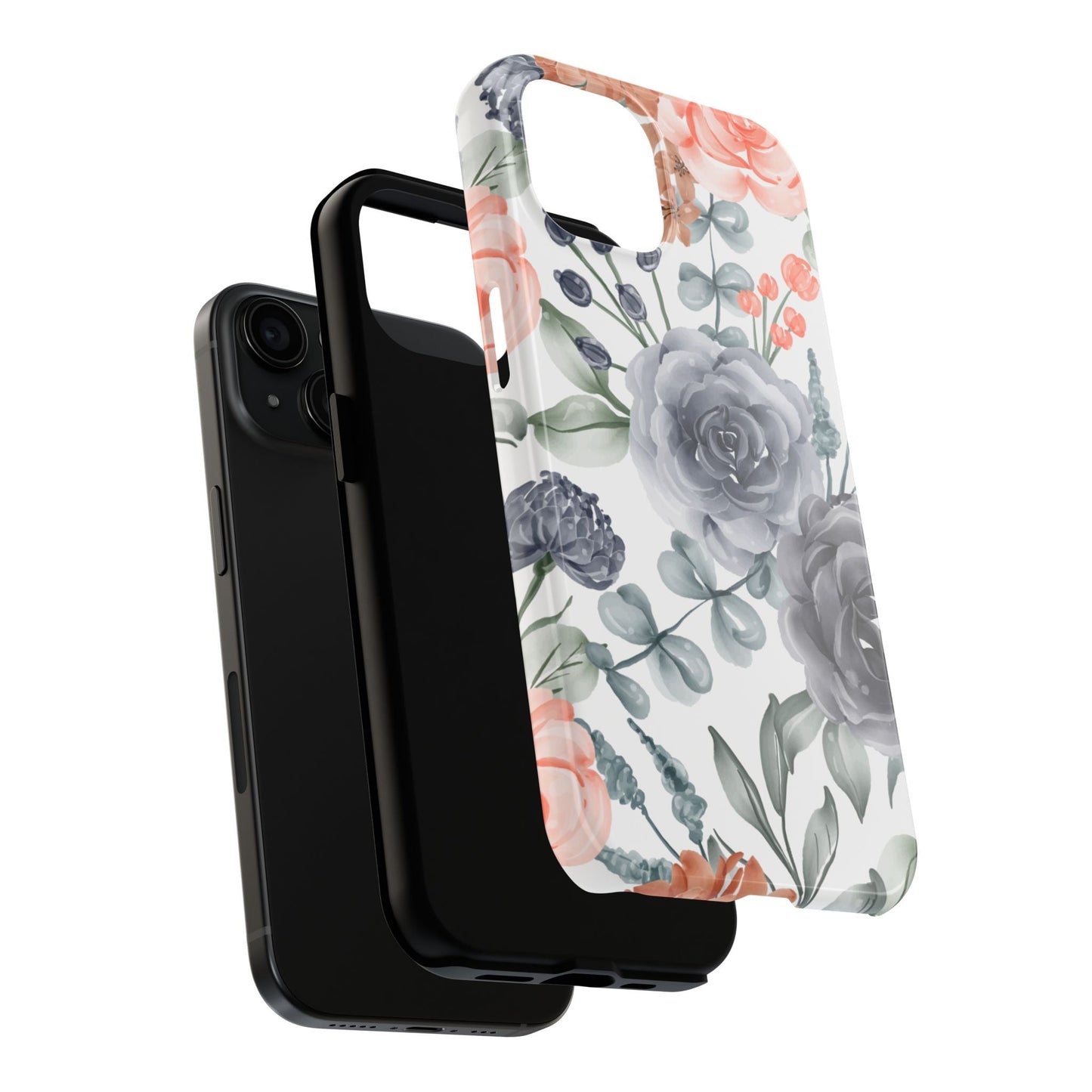 Romantic Gray & Peach Watercolor Floral iPhone Case – Elegant Botanical Design - BOGO Cases