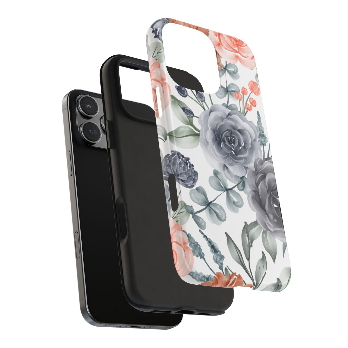 Romantic Gray & Peach Watercolor Floral iPhone Case – Elegant Botanical Design - BOGO Cases