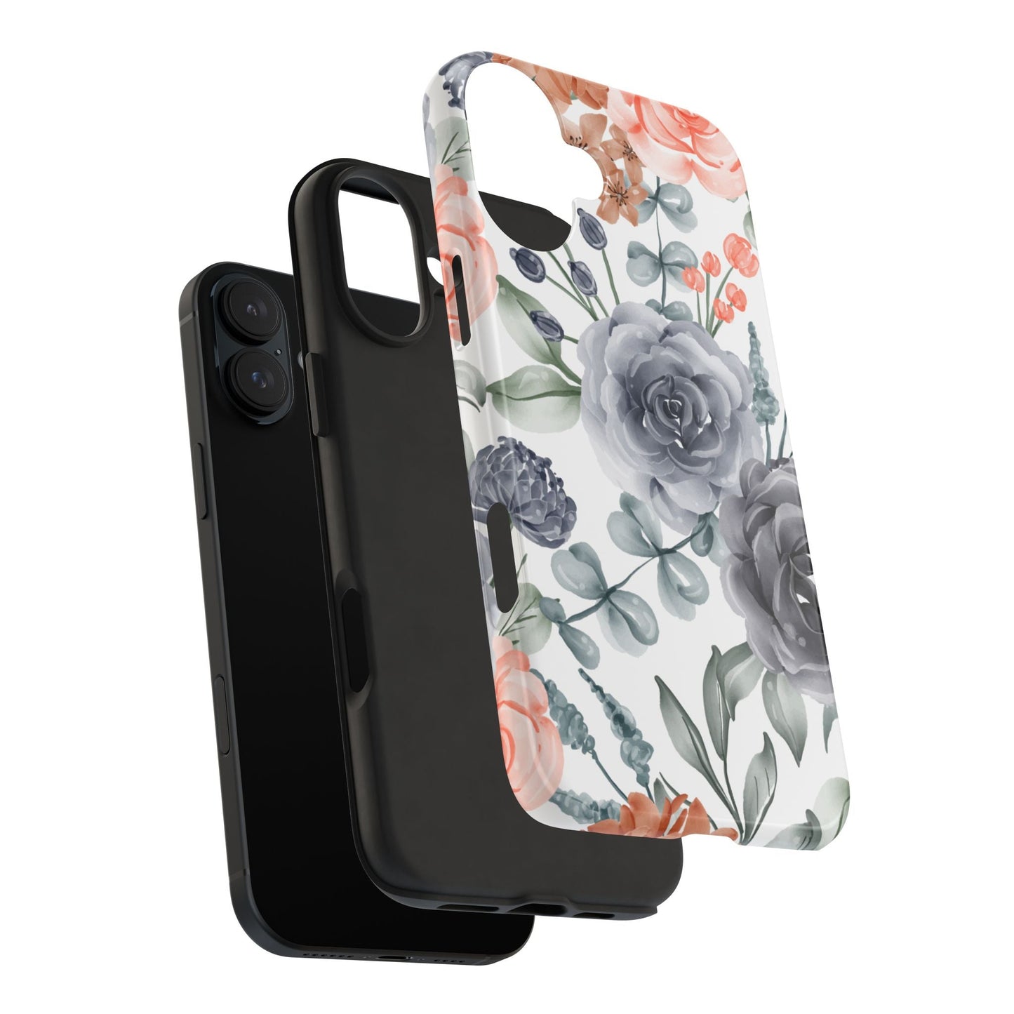 Romantic Gray & Peach Watercolor Floral iPhone Case – Elegant Botanical Design - BOGO Cases
