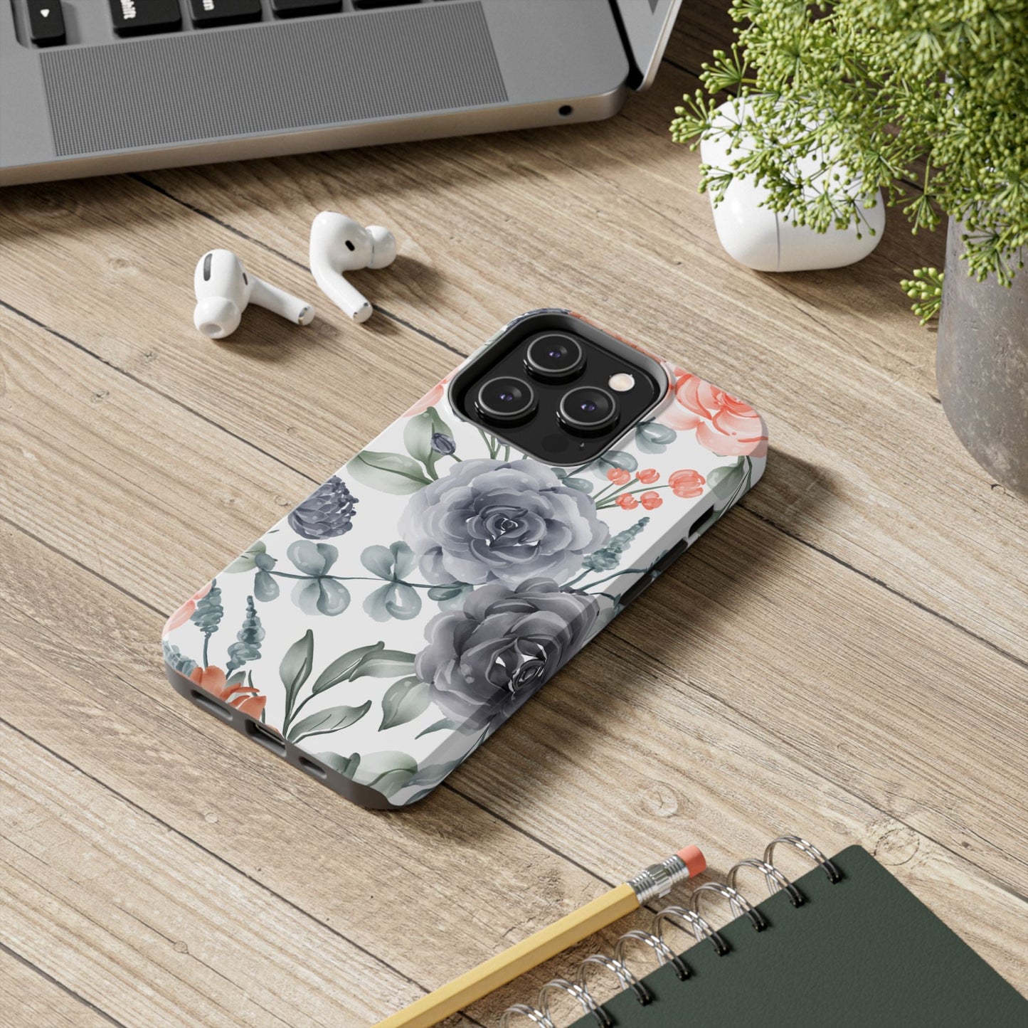 Romantic Gray & Peach Watercolor Floral iPhone Case – Elegant Botanical Design - BOGO Cases