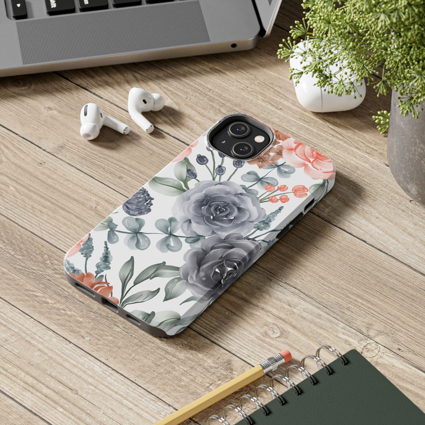 Romantic Gray & Peach Watercolor Floral iPhone Case – Elegant Botanical Design - BOGO Cases