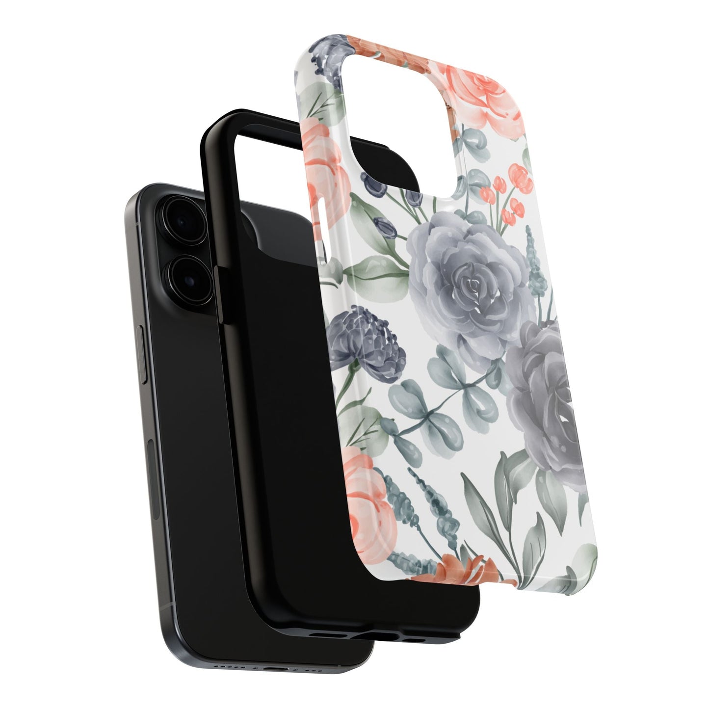 Romantic Gray & Peach Watercolor Floral iPhone Case – Elegant Botanical Design - BOGO Cases