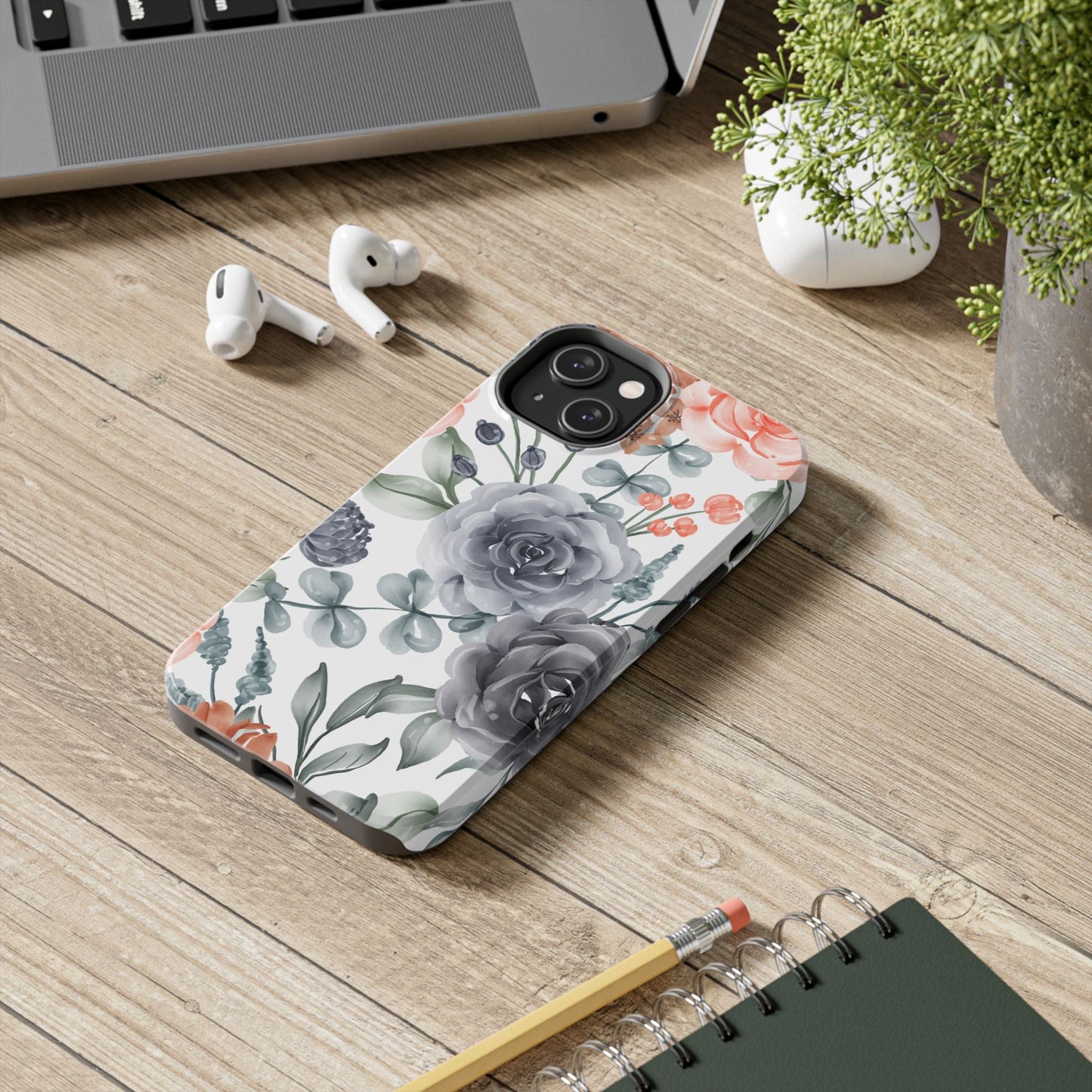 Romantic Gray & Peach Watercolor Floral iPhone Case – Elegant Botanical Design - BOGO Cases