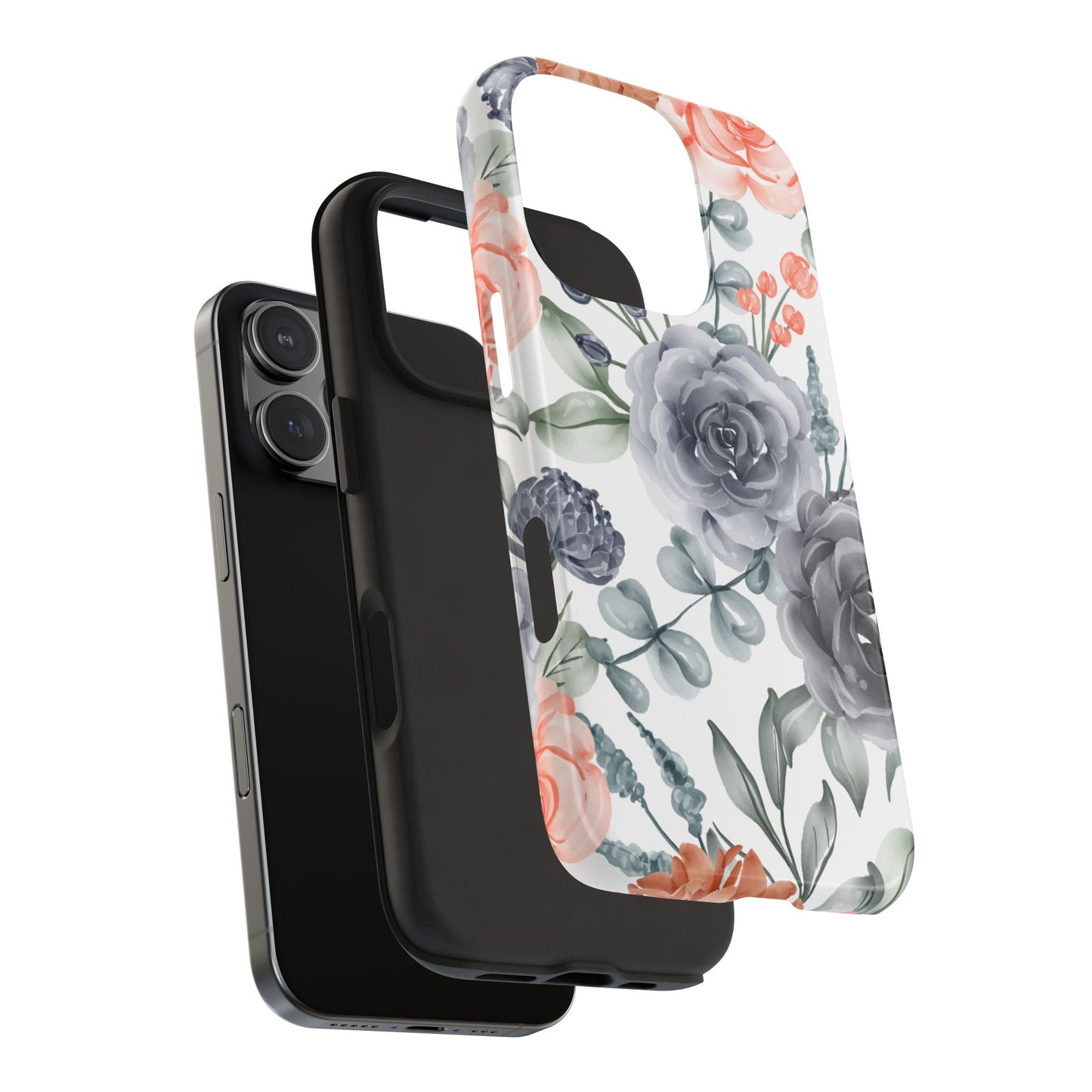 Romantic Gray & Peach Watercolor Floral iPhone Case – Elegant Botanical Design - BOGO Cases