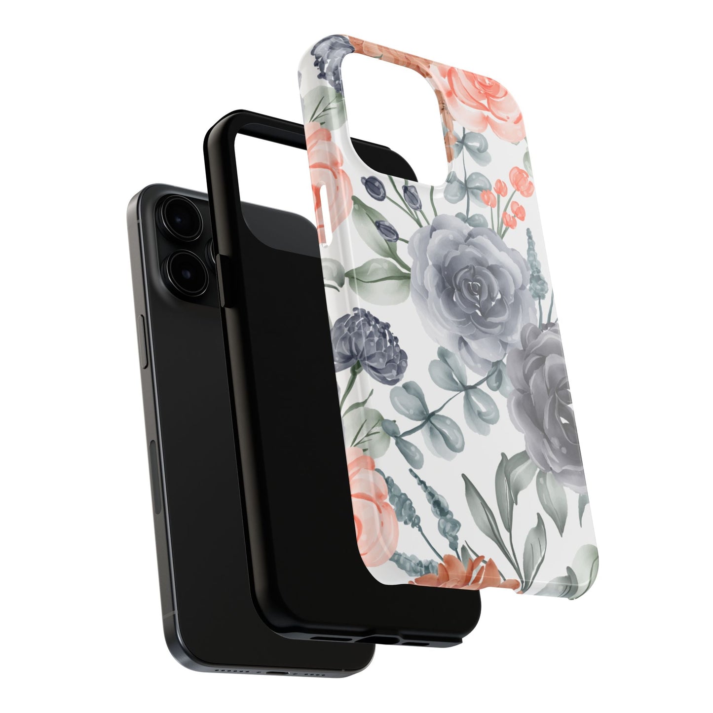 Romantic Gray & Peach Watercolor Floral iPhone Case – Elegant Botanical Design - BOGO Cases