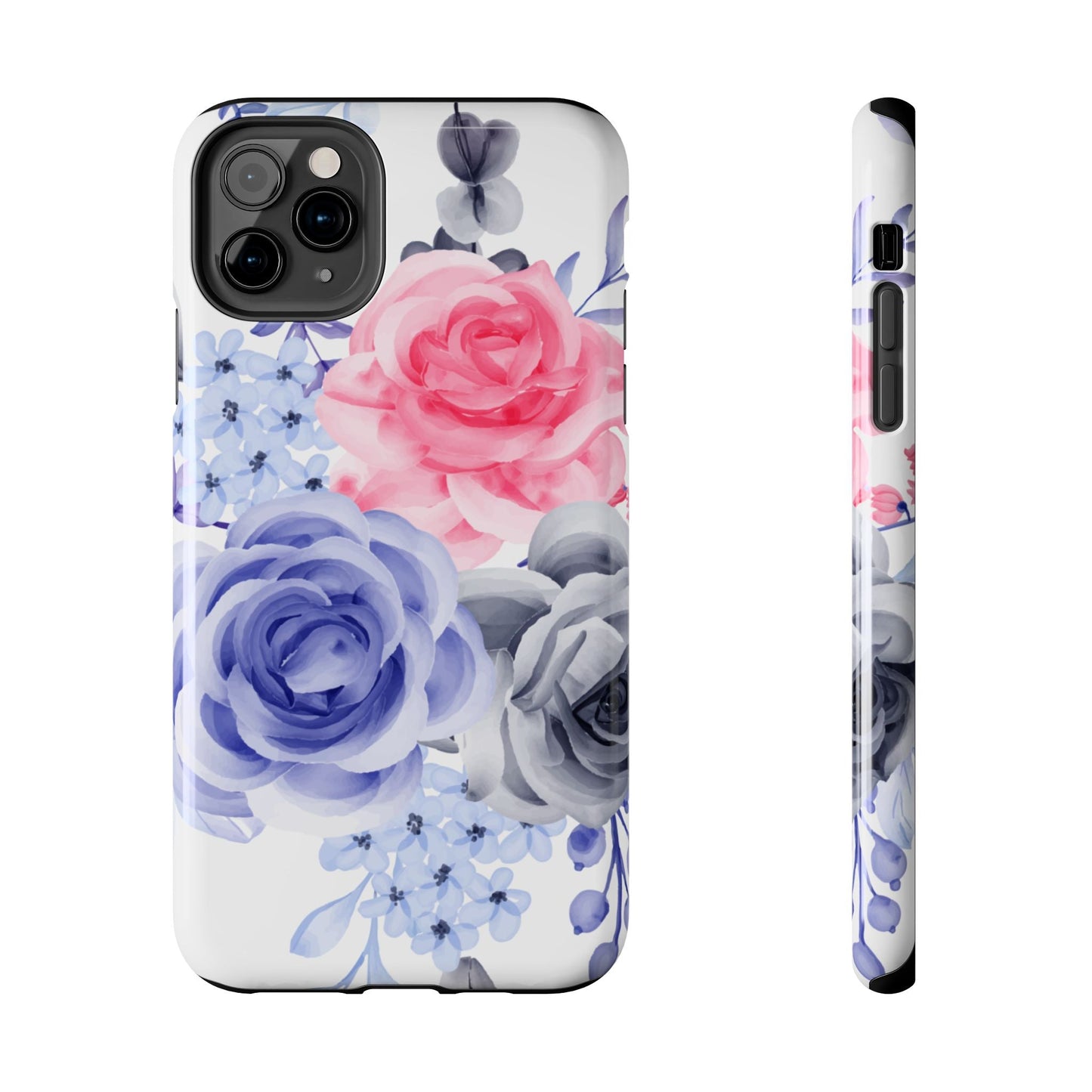 Romantic Watercolor Floral iPhone Case – Pink, Blue & Gray Roses - BOGO Cases