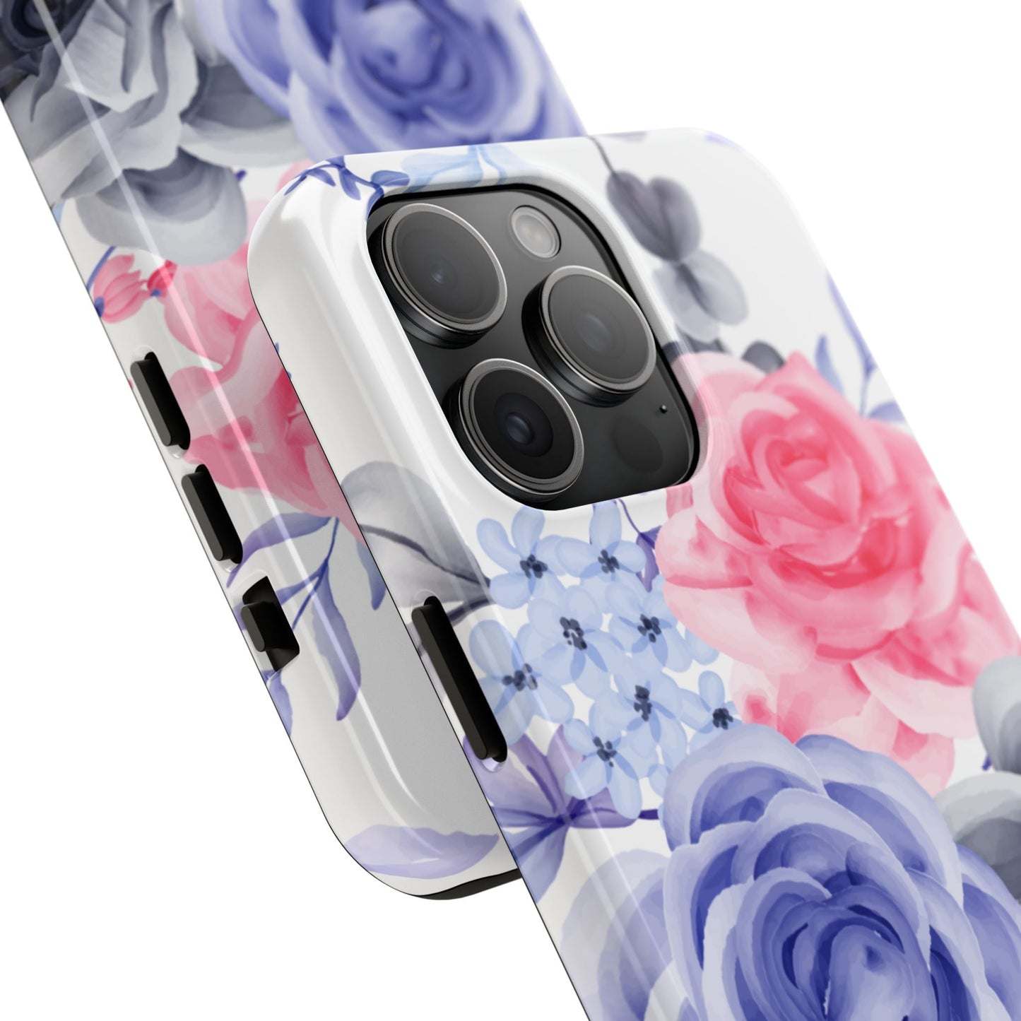 Romantic Watercolor Floral iPhone Case – Pink, Blue & Gray Roses - BOGO Cases