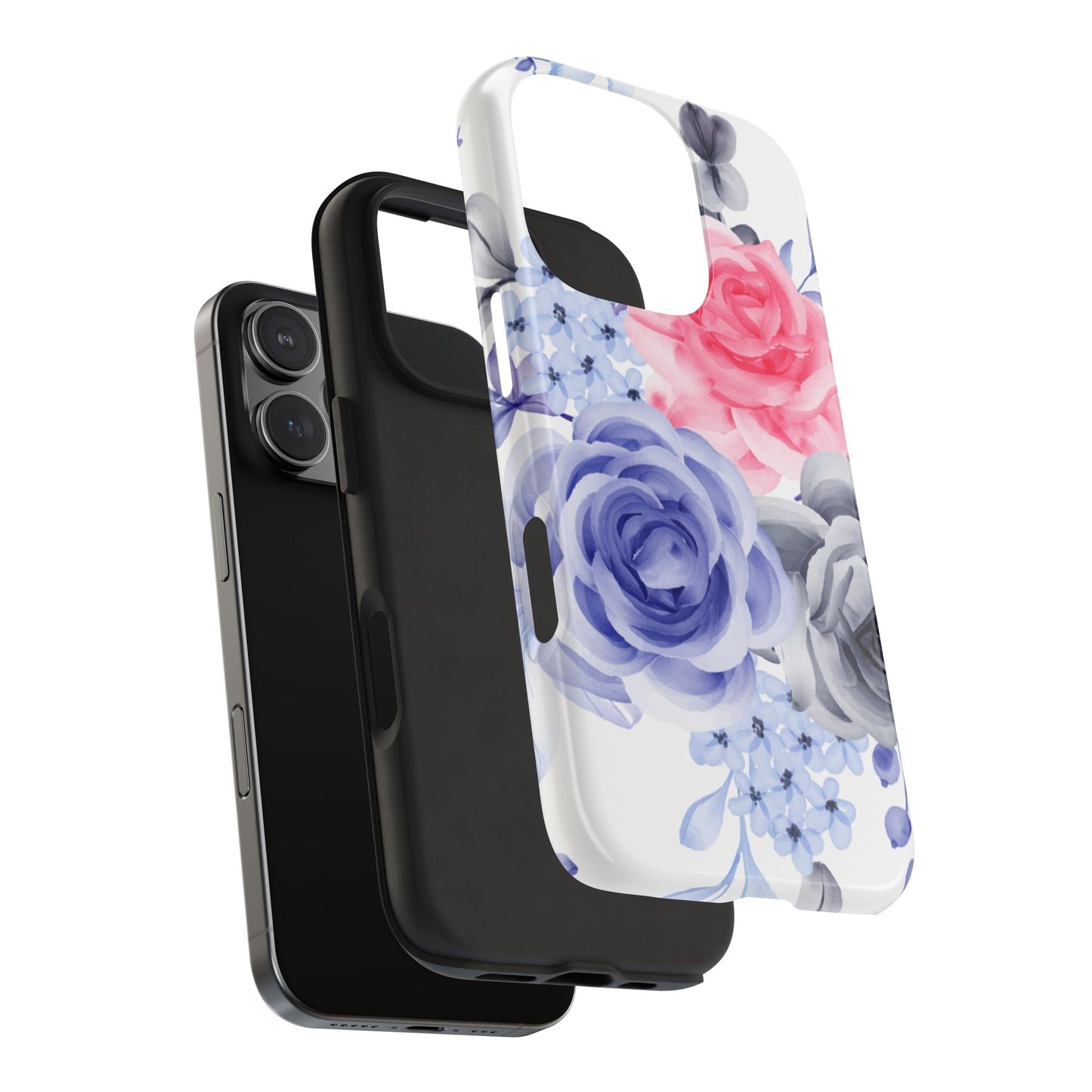 Romantic Watercolor Floral iPhone Case – Pink, Blue & Gray Roses - BOGO Cases