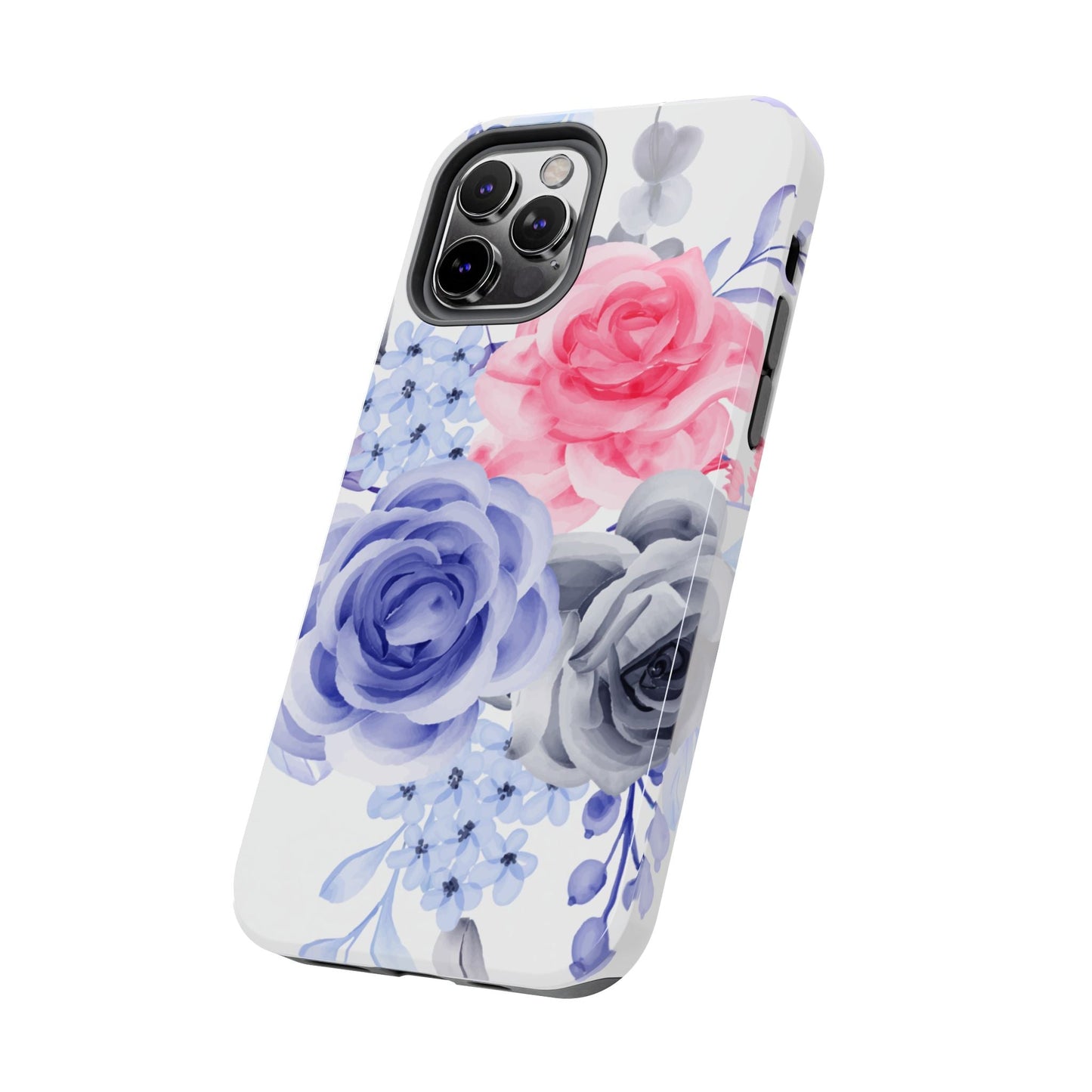 Romantic Watercolor Floral iPhone Case – Pink, Blue & Gray Roses - BOGO Cases
