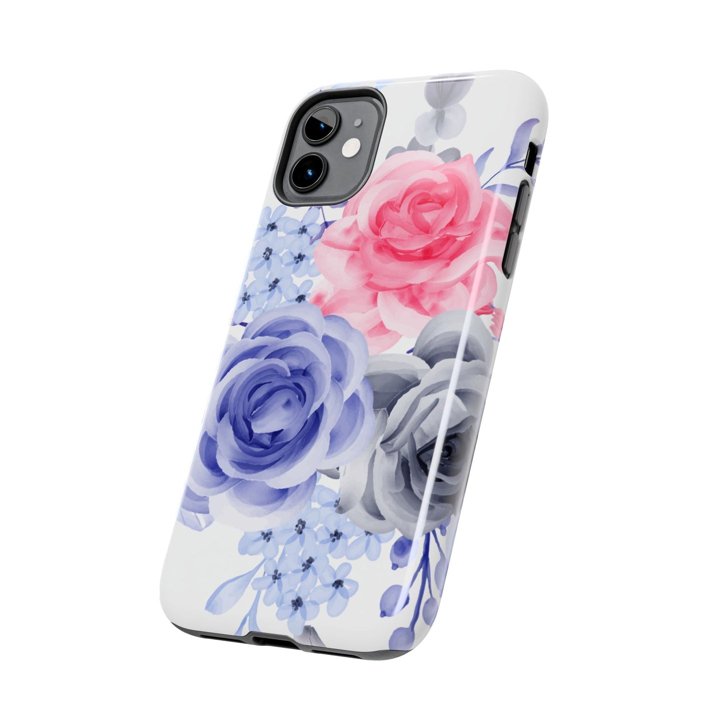 Romantic Watercolor Floral iPhone Case – Pink, Blue & Gray Roses - BOGO Cases