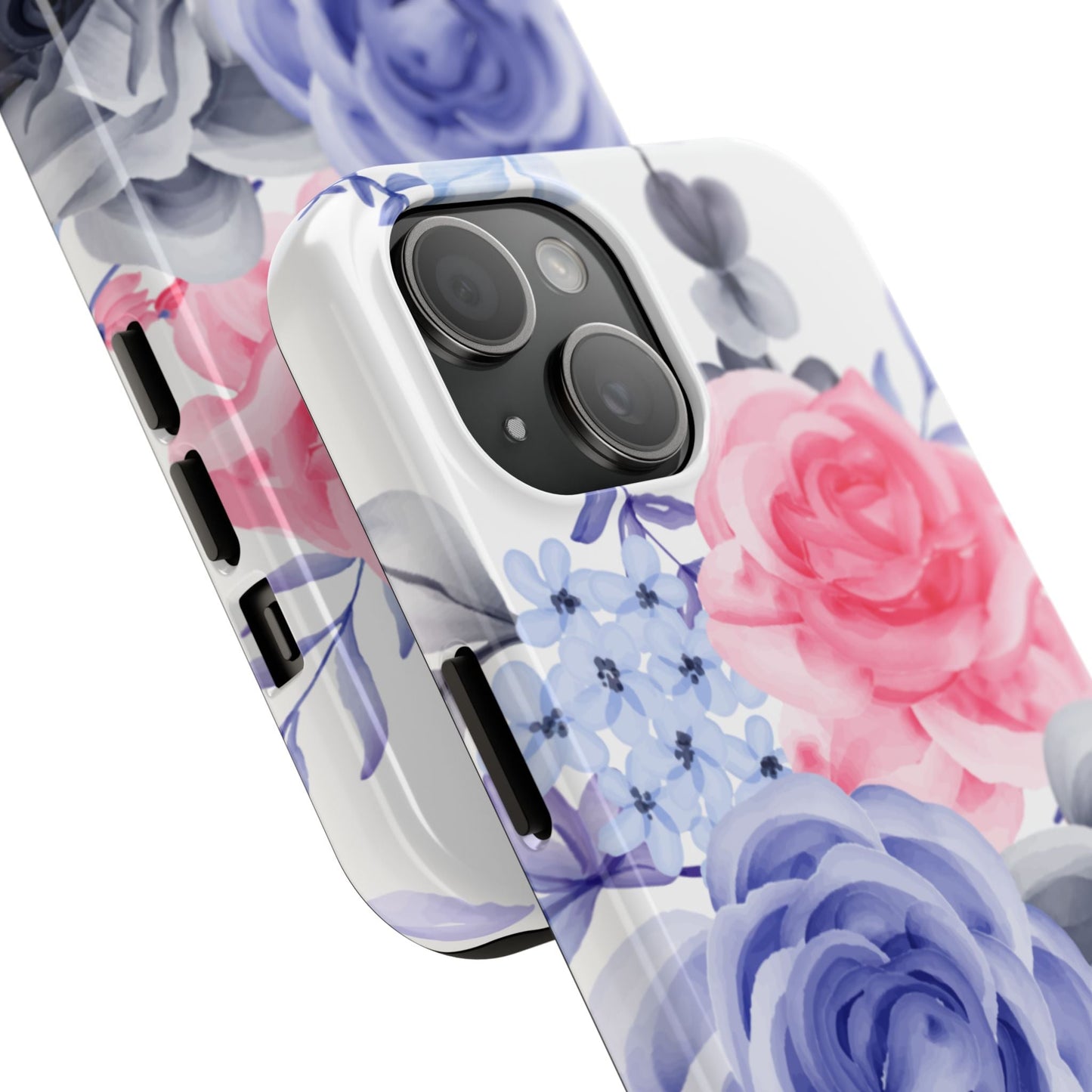 Romantic Watercolor Floral iPhone Case – Pink, Blue & Gray Roses - BOGO Cases