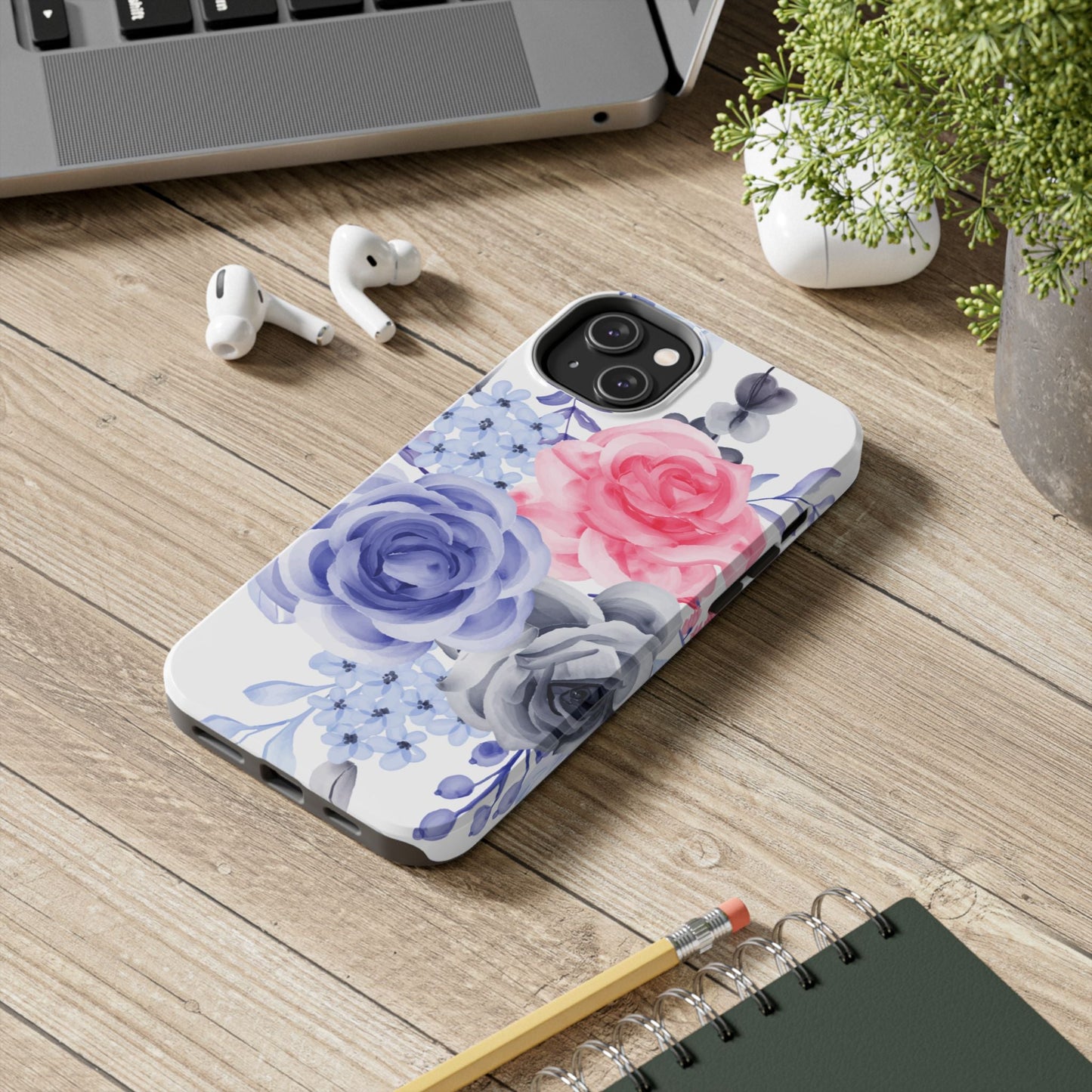 Romantic Watercolor Floral iPhone Case – Pink, Blue & Gray Roses - BOGO Cases