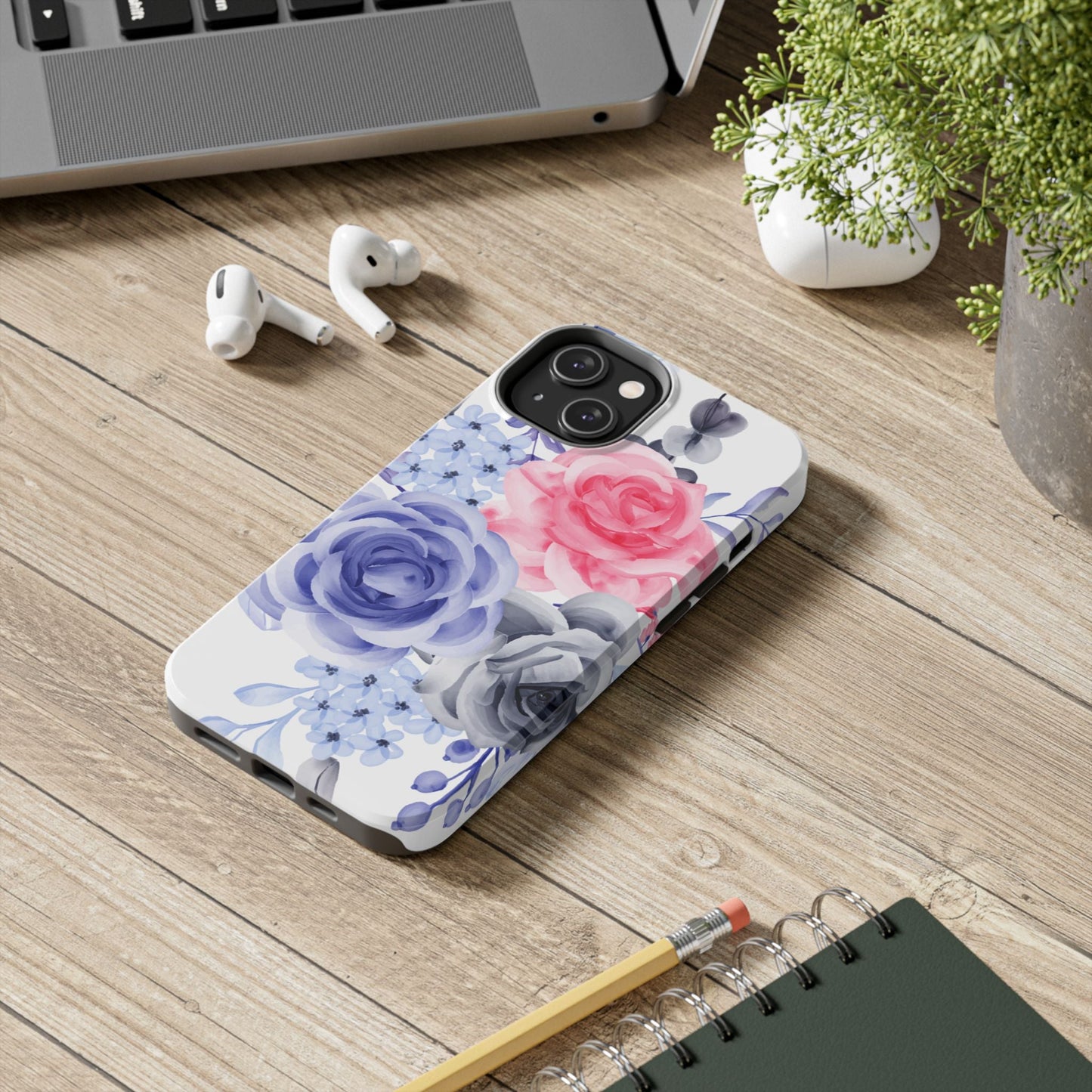 Romantic Watercolor Floral iPhone Case – Pink, Blue & Gray Roses - BOGO Cases