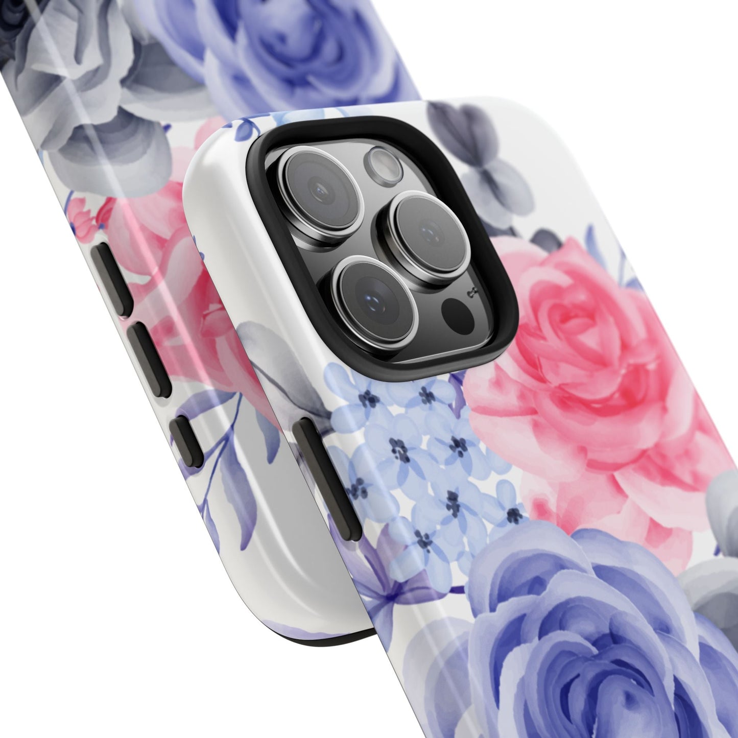 Romantic Watercolor Floral iPhone Case – Pink, Blue & Gray Roses - BOGO Cases