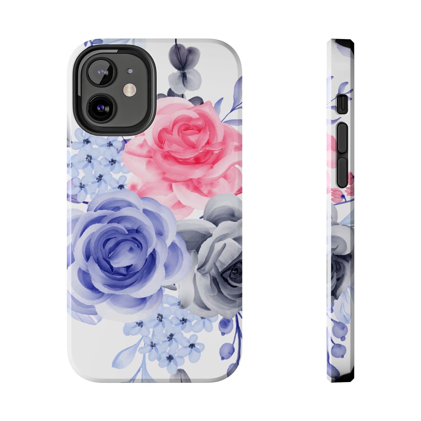 Romantic Watercolor Floral iPhone Case – Pink, Blue & Gray Roses - BOGO Cases