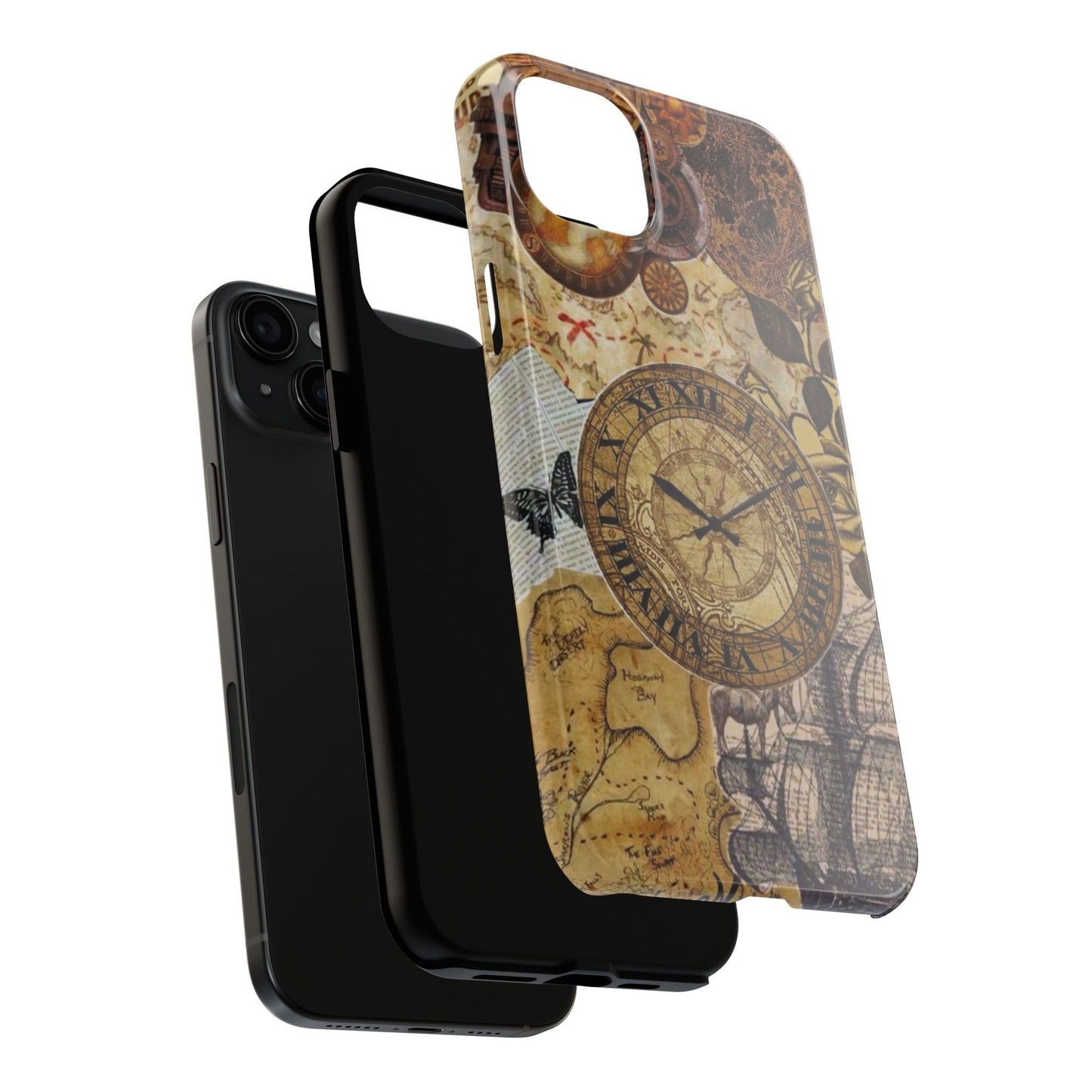 Steampunk Vintage Adventure iPhone Case – Dual - Layer Protection with Antique Map and Clock Design - BOGO Cases