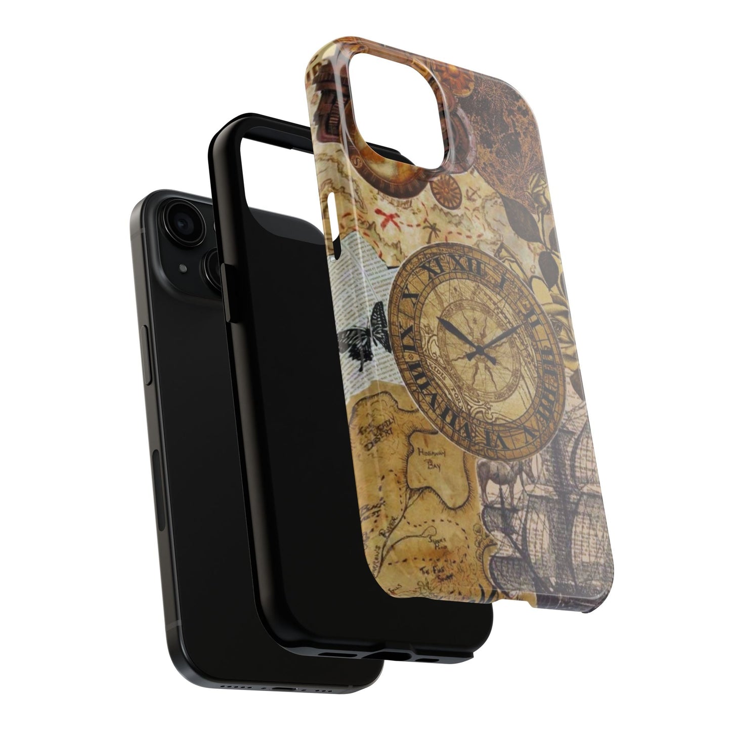 Steampunk Vintage Adventure iPhone Case – Dual - Layer Protection with Antique Map and Clock Design - BOGO Cases
