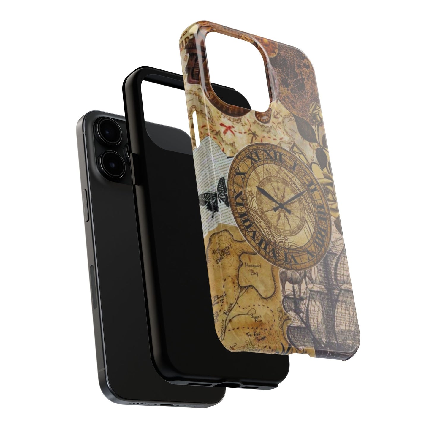 Steampunk Vintage Adventure iPhone Case – Dual - Layer Protection with Antique Map and Clock Design - BOGO Cases