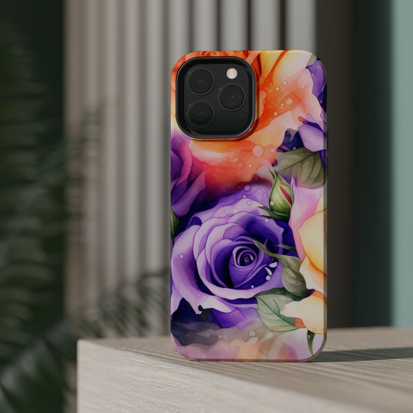 Vibrant Purple & Orange Rose MagSafe iPhone Case – Watercolor Floral Aesthetic with Wireless Charging - BOGO Cases