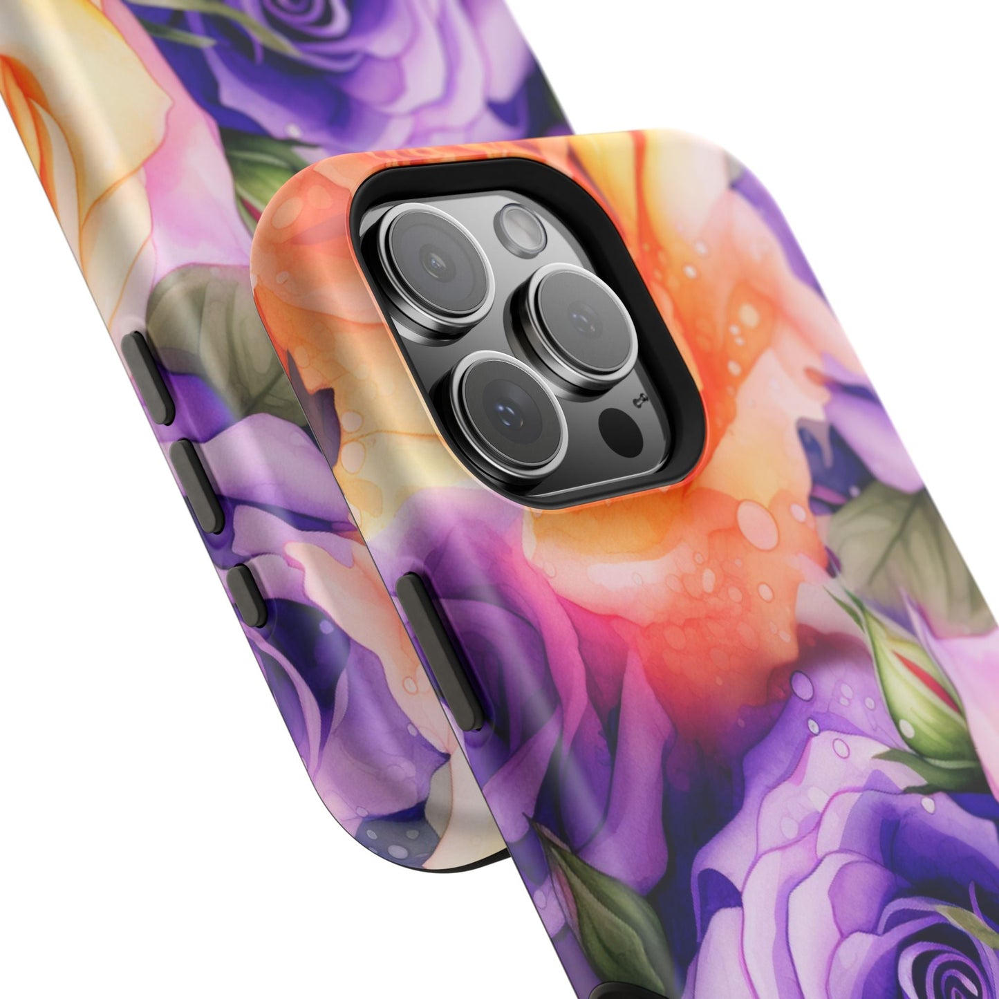 Vibrant Purple & Orange Rose MagSafe iPhone Case – Watercolor Floral Aesthetic with Wireless Charging - BOGO Cases