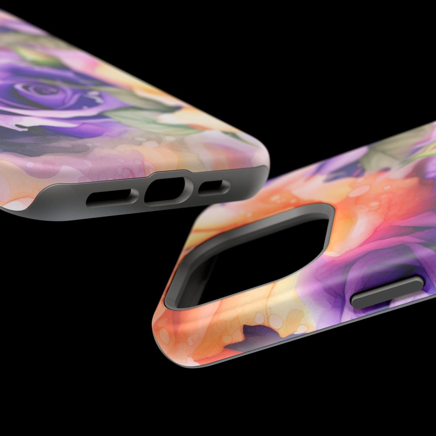 Vibrant Purple & Orange Rose MagSafe iPhone Case – Watercolor Floral Aesthetic with Wireless Charging - BOGO Cases