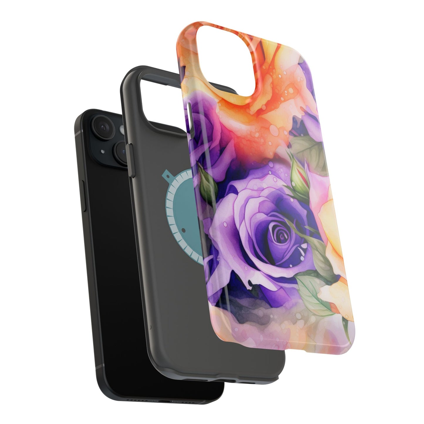 Vibrant Purple & Orange Rose MagSafe iPhone Case – Watercolor Floral Aesthetic with Wireless Charging - BOGO Cases