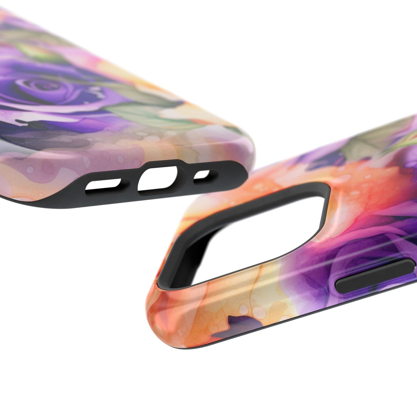 Vibrant Purple & Orange Rose MagSafe iPhone Case – Watercolor Floral Aesthetic with Wireless Charging - BOGO Cases