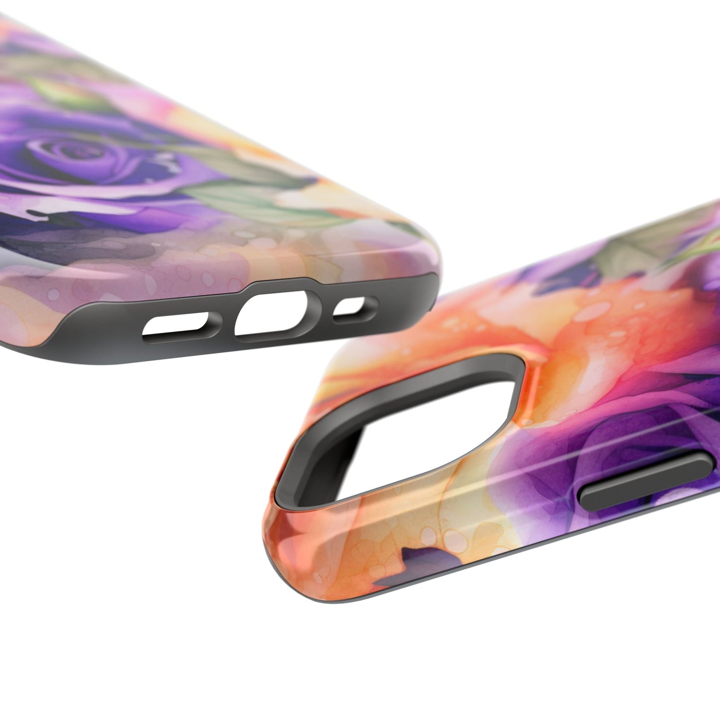 Vibrant Purple & Orange Rose MagSafe iPhone Case – Watercolor Floral Aesthetic with Wireless Charging - BOGO Cases