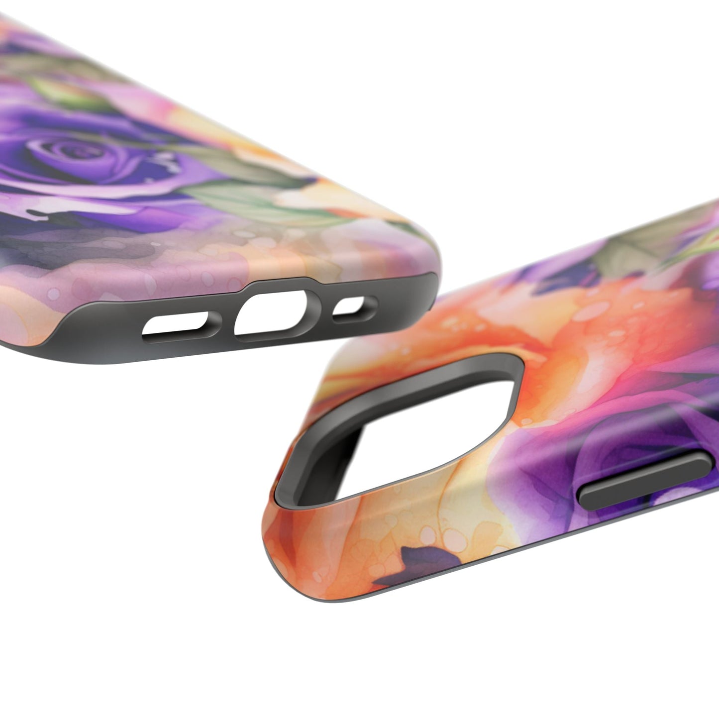 Vibrant Purple & Orange Rose MagSafe iPhone Case – Watercolor Floral Aesthetic with Wireless Charging - BOGO Cases