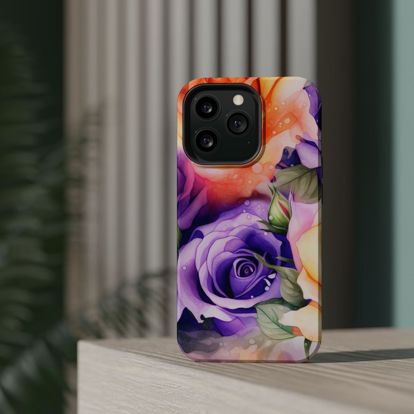 Vibrant Purple & Orange Rose MagSafe iPhone Case – Watercolor Floral Aesthetic with Wireless Charging - BOGO Cases