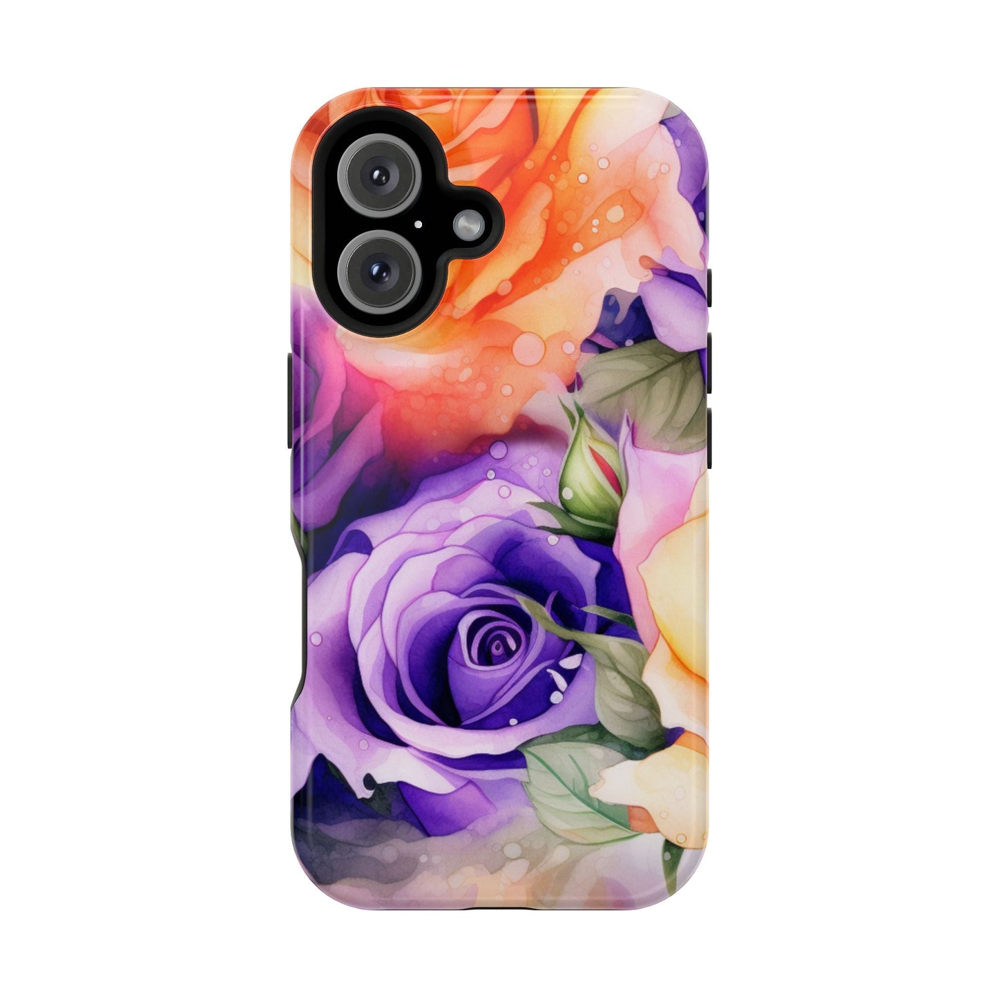Vibrant Purple & Orange Rose MagSafe iPhone Case – Watercolor Floral Aesthetic with Wireless Charging - BOGO Cases