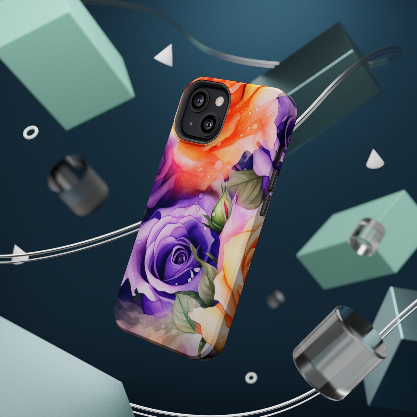 Vibrant Purple & Orange Rose MagSafe iPhone Case – Watercolor Floral Aesthetic with Wireless Charging - BOGO Cases
