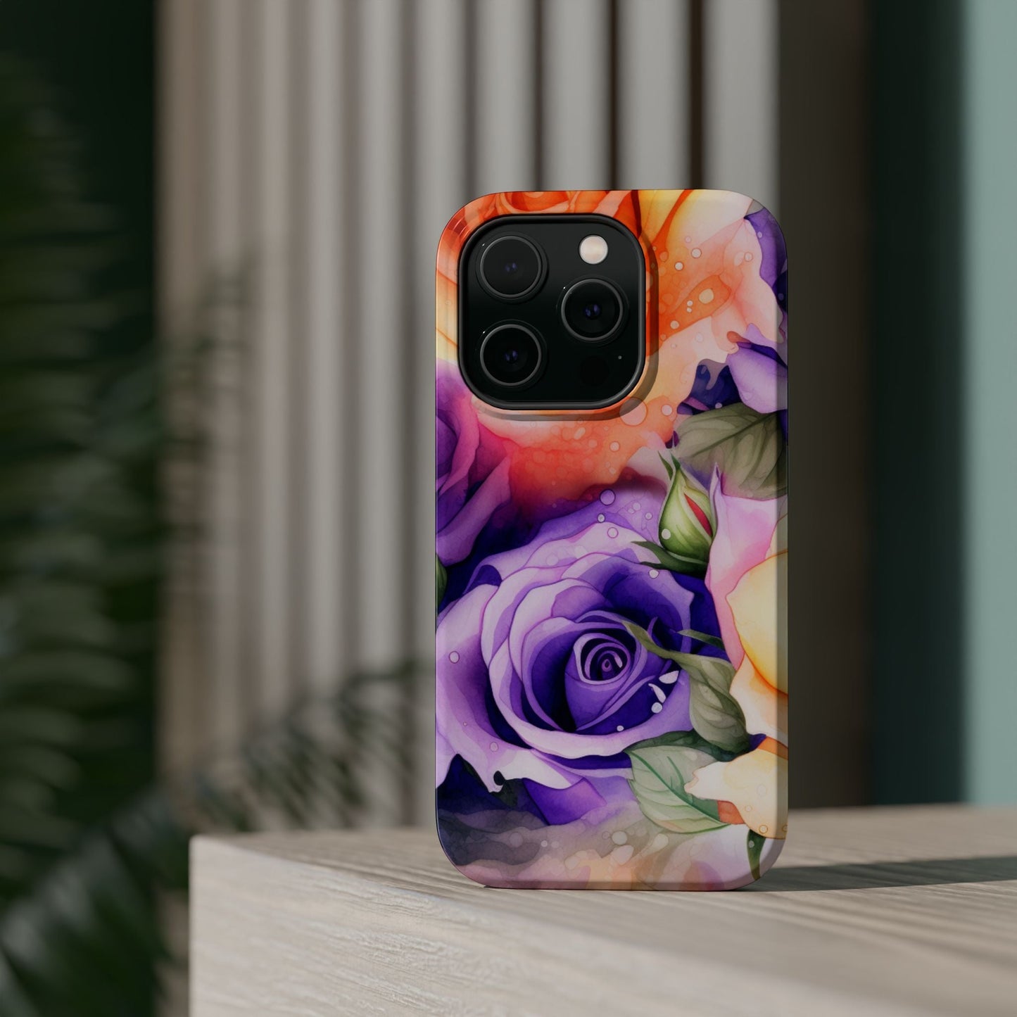 Vibrant Purple & Orange Rose MagSafe iPhone Case – Watercolor Floral Aesthetic with Wireless Charging - BOGO Cases