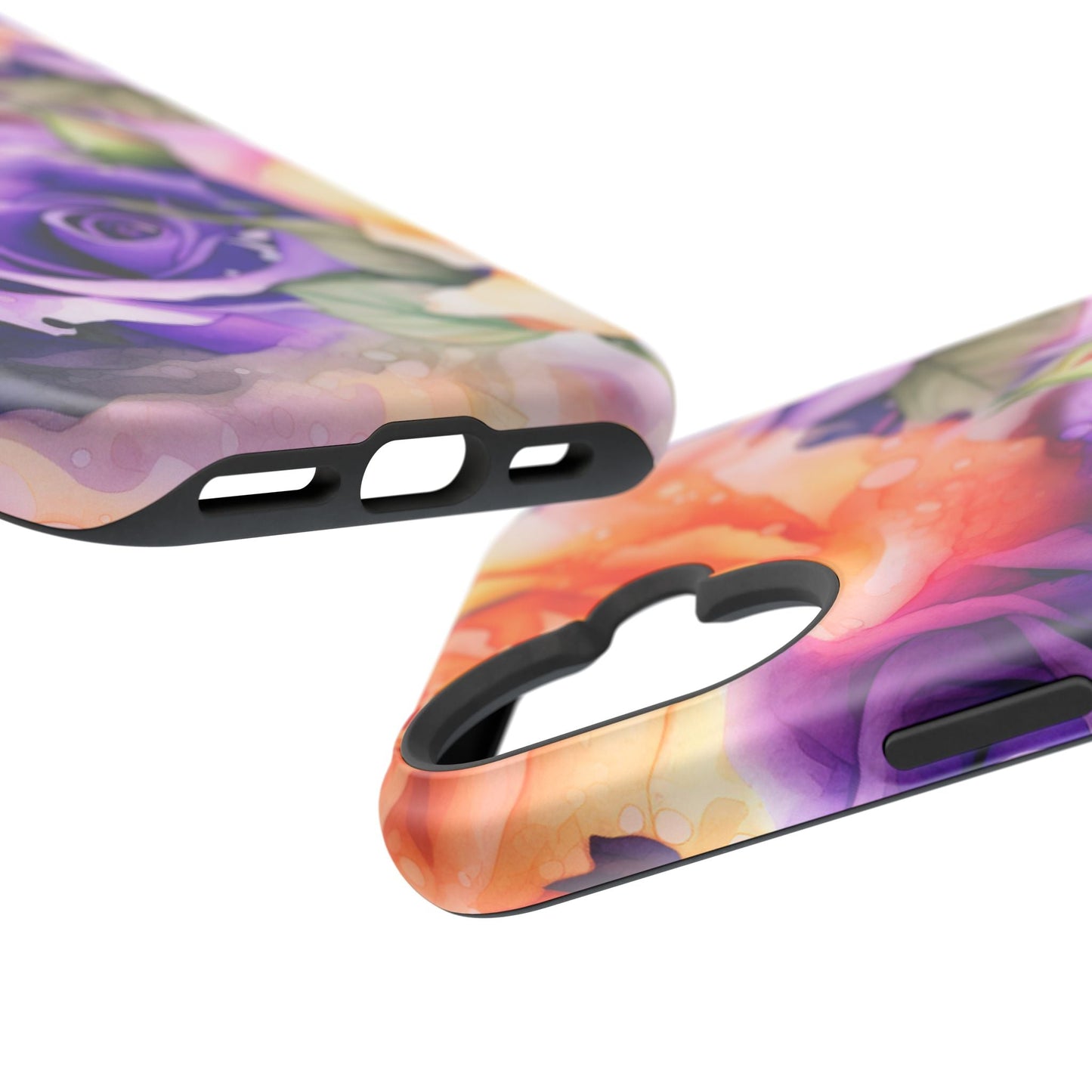 Vibrant Purple & Orange Rose MagSafe iPhone Case – Watercolor Floral Aesthetic with Wireless Charging - BOGO Cases