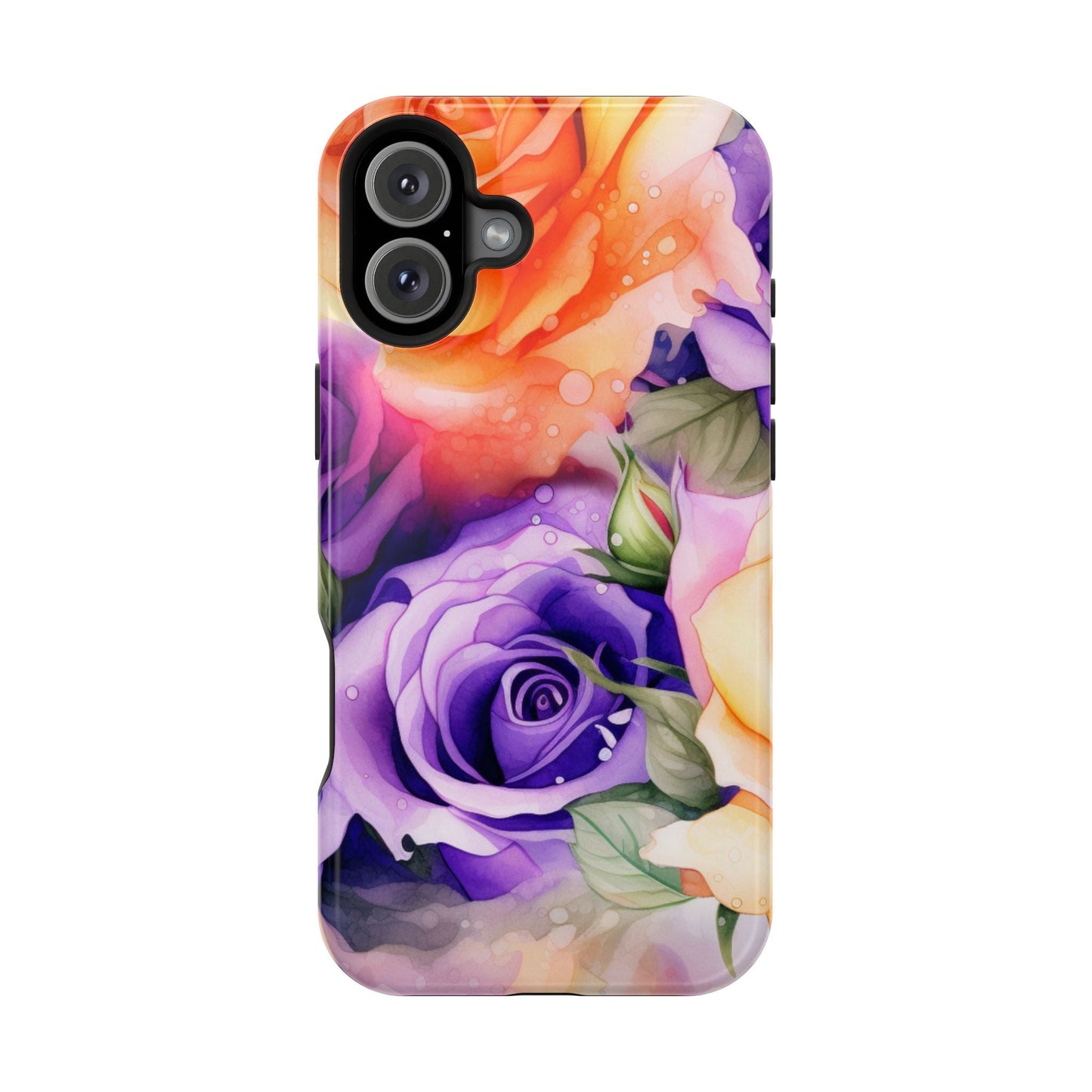 Vibrant Purple & Orange Rose MagSafe iPhone Case – Watercolor Floral Aesthetic with Wireless Charging - BOGO Cases