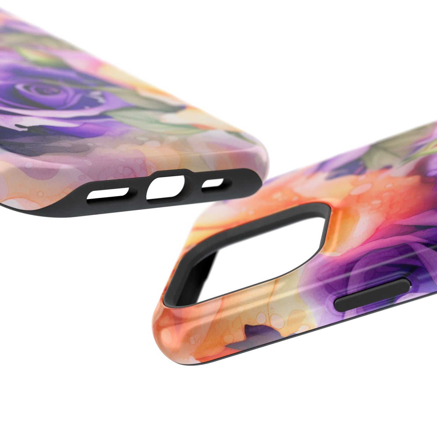 Vibrant Purple & Orange Rose MagSafe iPhone Case – Watercolor Floral Aesthetic with Wireless Charging - BOGO Cases