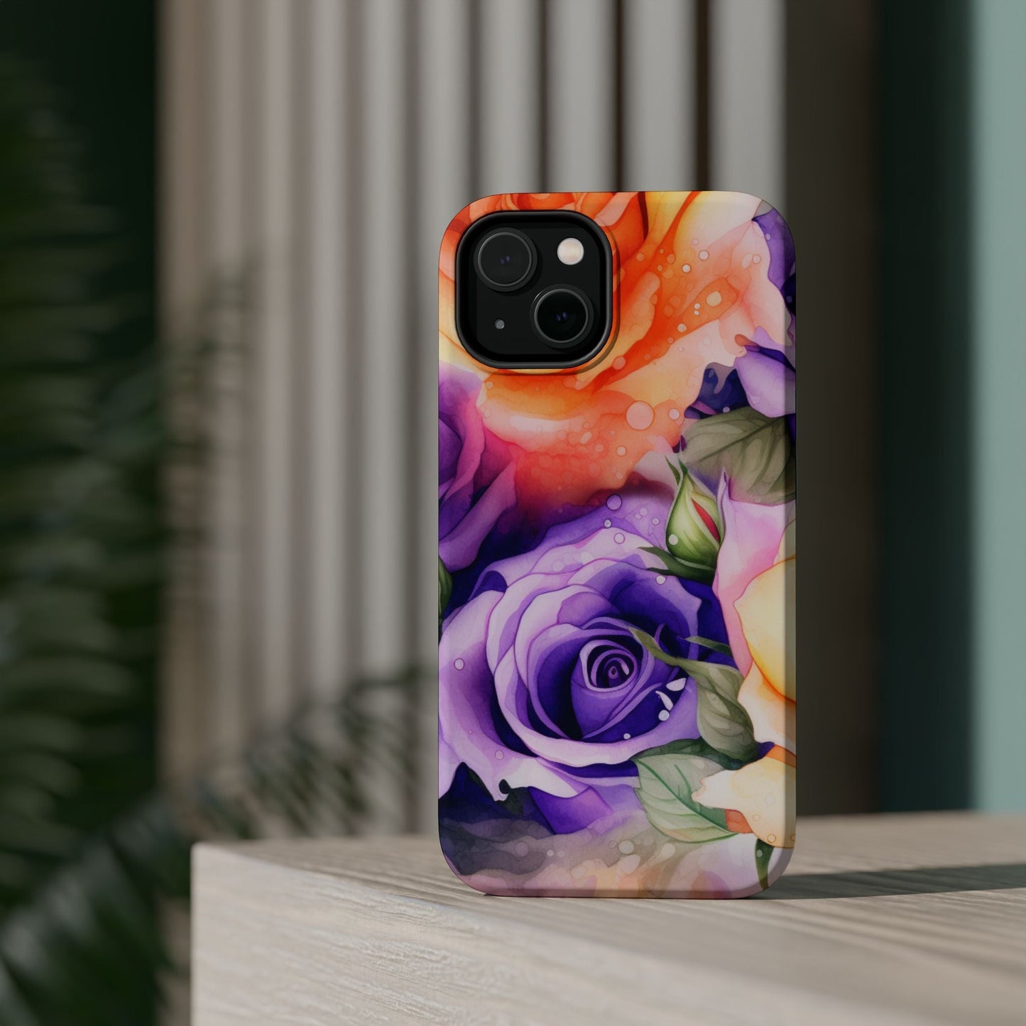 Vibrant Purple & Orange Rose MagSafe iPhone Case – Watercolor Floral Aesthetic with Wireless Charging - BOGO Cases