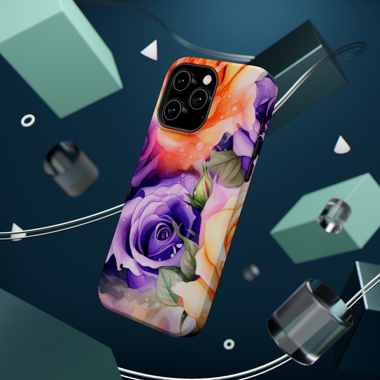 Vibrant Purple & Orange Rose MagSafe iPhone Case – Watercolor Floral Aesthetic with Wireless Charging - BOGO Cases
