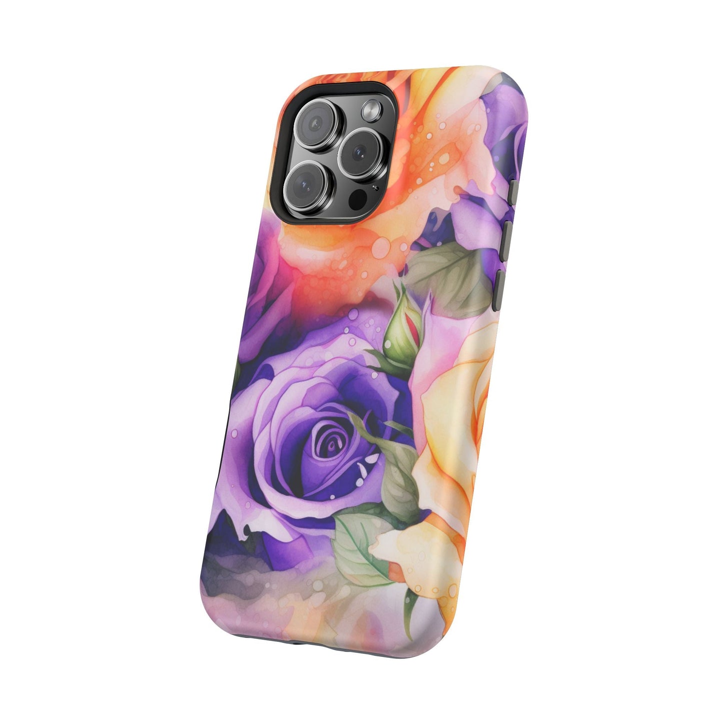 Vibrant Purple & Orange Rose MagSafe iPhone Case – Watercolor Floral Aesthetic with Wireless Charging - BOGO Cases