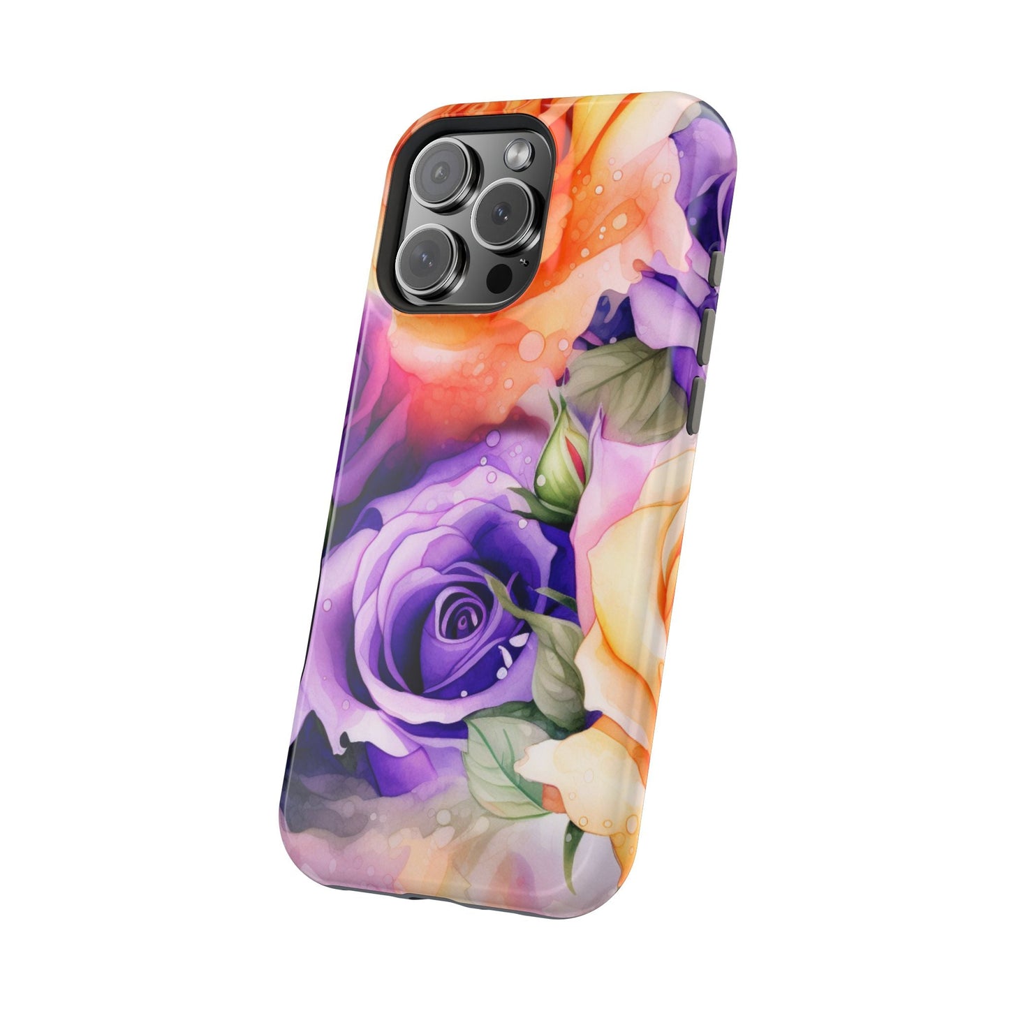 Vibrant Purple & Orange Rose MagSafe iPhone Case – Watercolor Floral Aesthetic with Wireless Charging - BOGO Cases